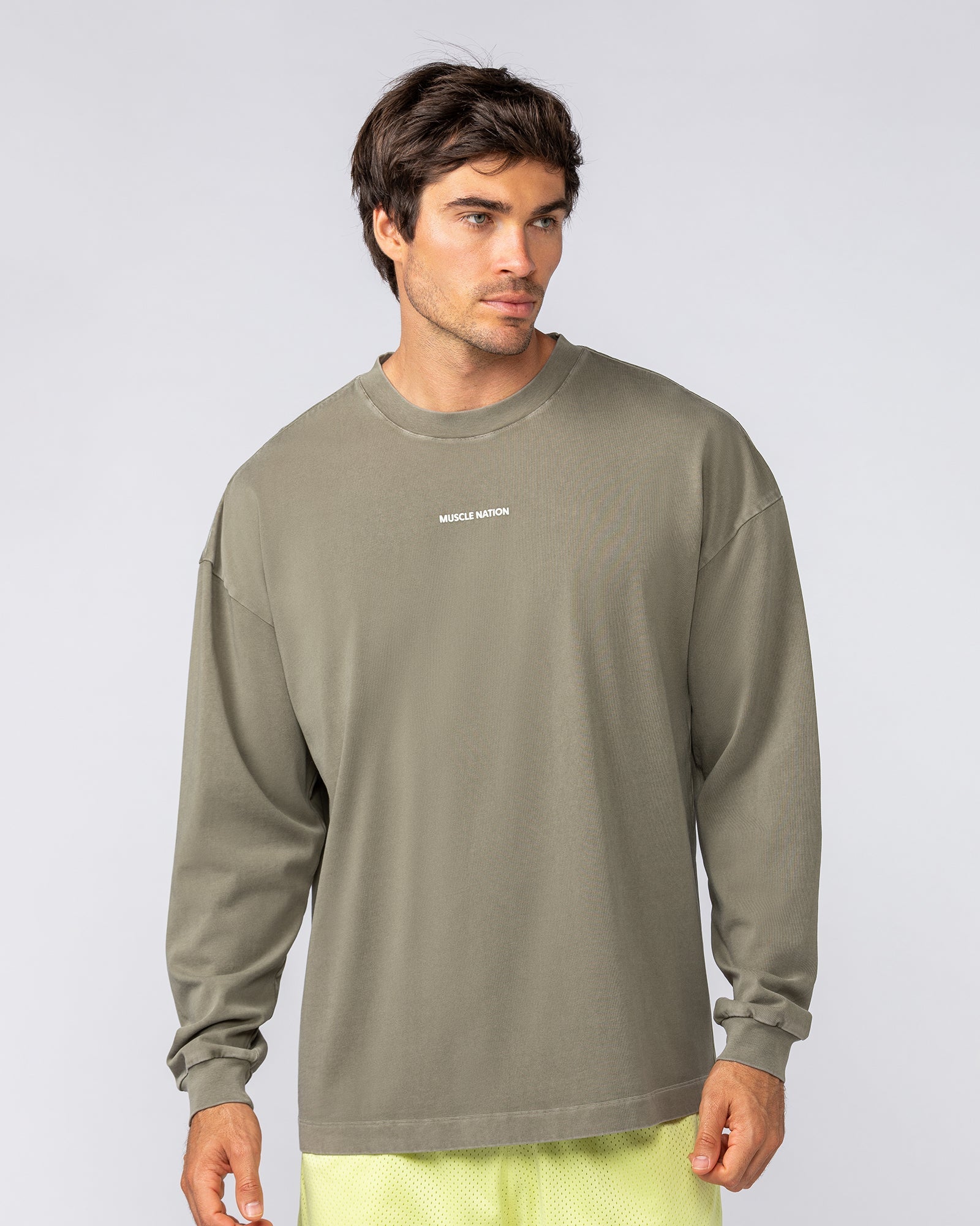 Alpha Oversized Mens Long Sleeve Washed Dark Khaki – Muscle Nation