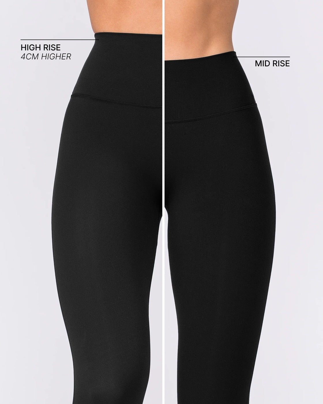Aura Peachy High Rise compared to Mid Rise — the high rise sits 4cm higher