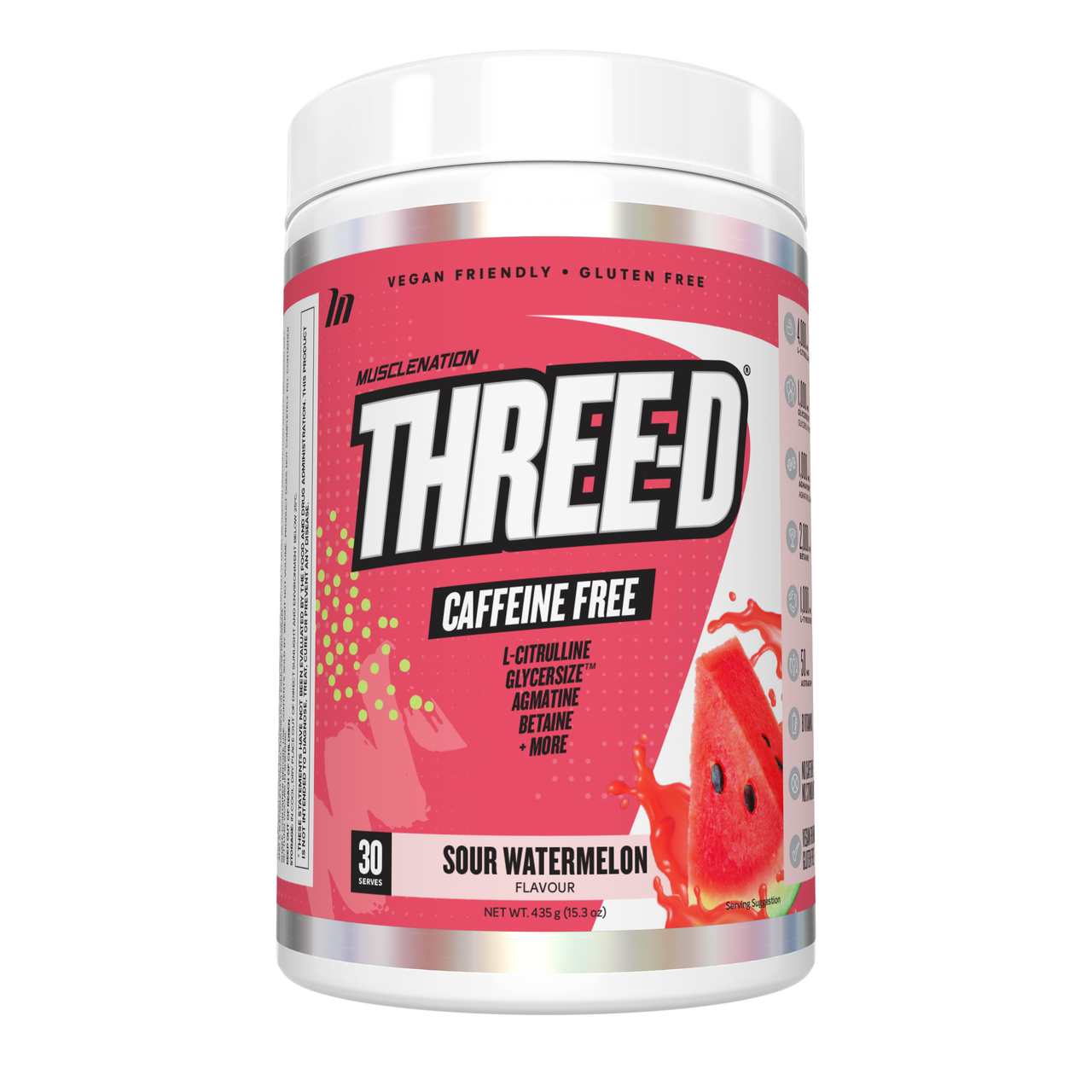 THREE D Pre Workout Pump Caffeine Free Sour Watermelon 30 serves
