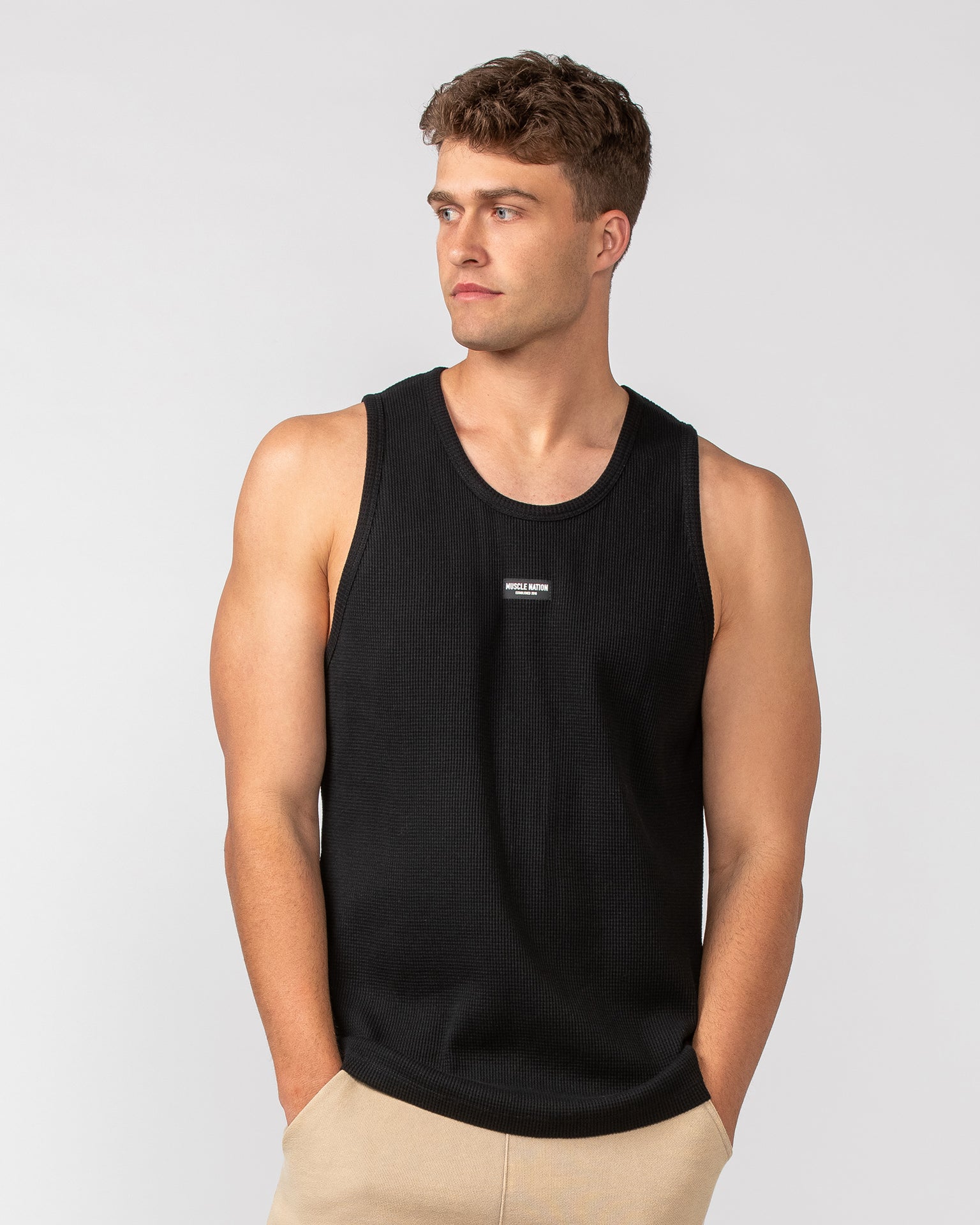 Waffle Tank - Black-Singlets & Tanks-S-082408BLK-S-MNAPPRL32451-2-Muscle Nation