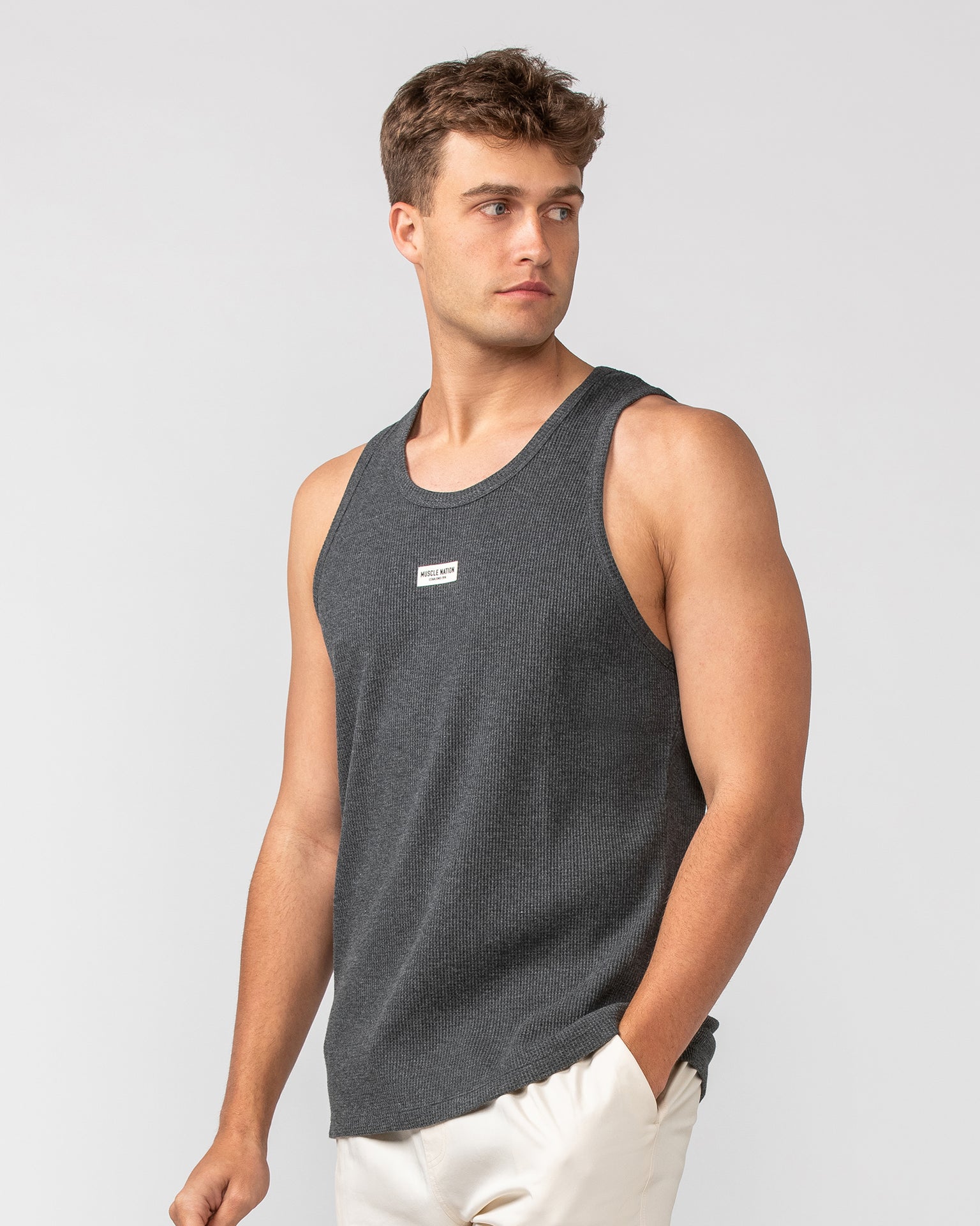 Waffle Tank - Charcoal Marl-Singlets & Tanks-S-082408CHARMRL-S-MNAPPRL32628-3-Muscle Nation