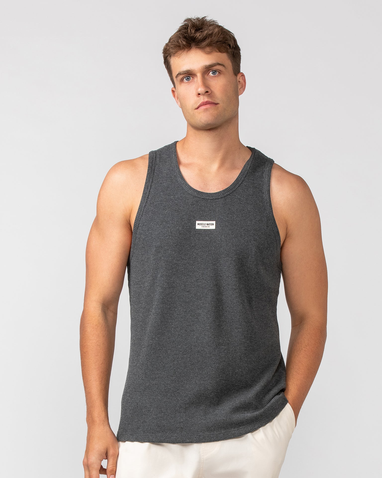 Waffle Tank - Charcoal Marl-Singlets & Tanks-S-082408CHARMRL-S-MNAPPRL32628-1-Muscle Nation