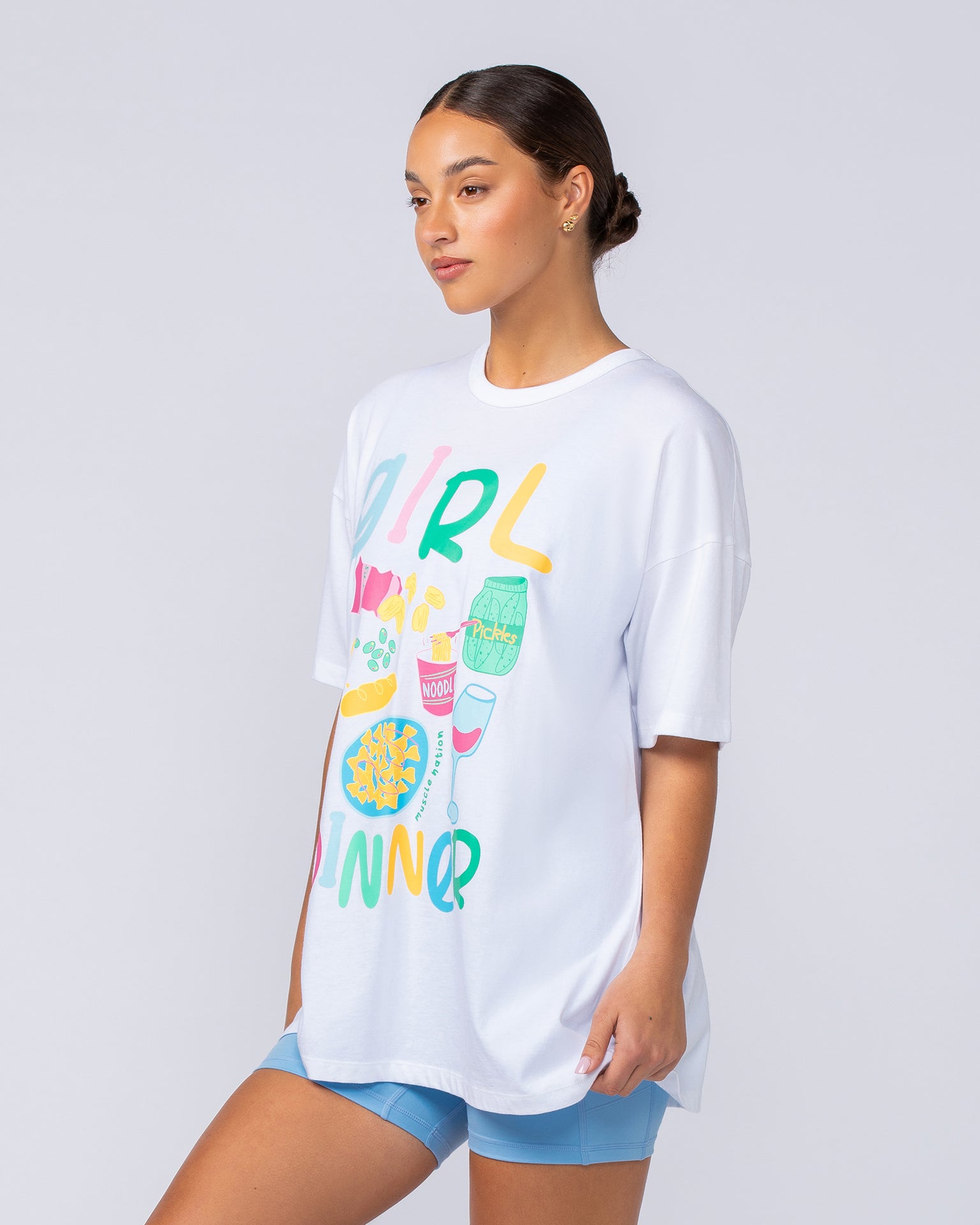Girl Dinner Oversized Tee - White-T-Shirts-XXS-112461WHT-XXS-MNAPPRL34577-5-Muscle Nation