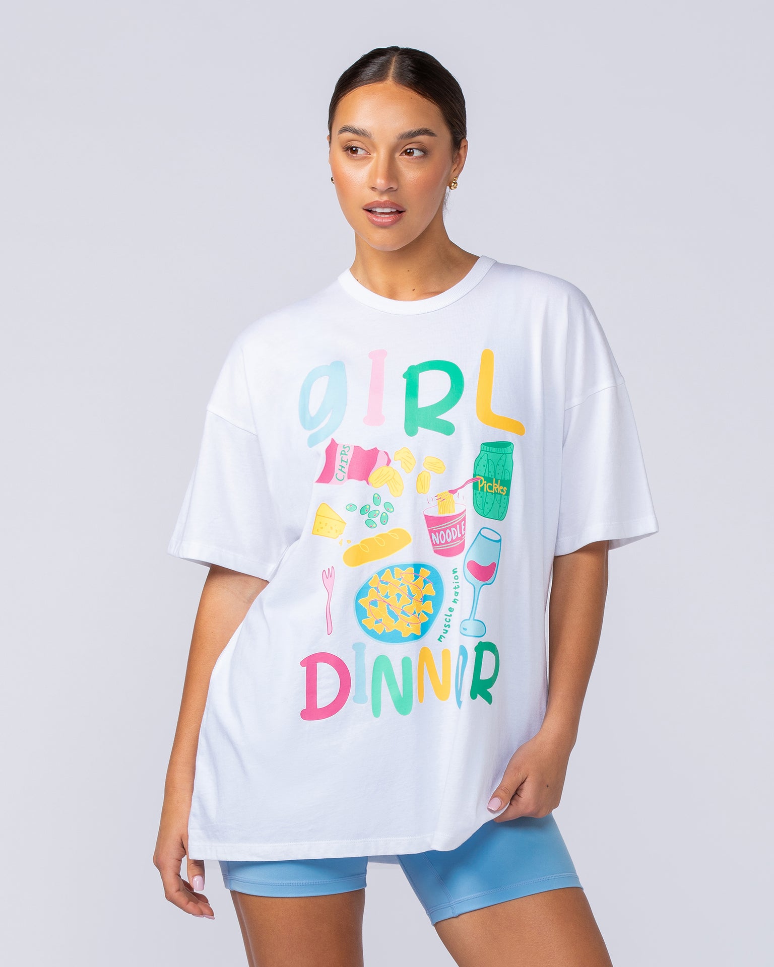 Girl Dinner Oversized Tee - White-T-Shirts-XXS-112461WHT-XXS-MNAPPRL34577-1-Muscle Nation