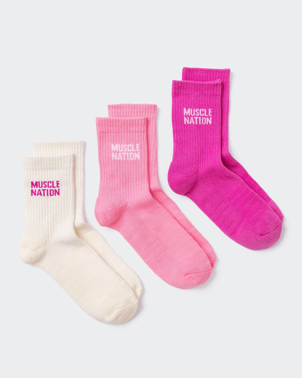 Womens Essential Crew Socks (3x Pack) - Off White / Bright Pink / Hyper Fuchsia-Socks-White / Bright Pink / Hyper Fuscia-AC112335WHTBPHYPFUS-ONE-MNAPPRL26510-2-Muscle Nation