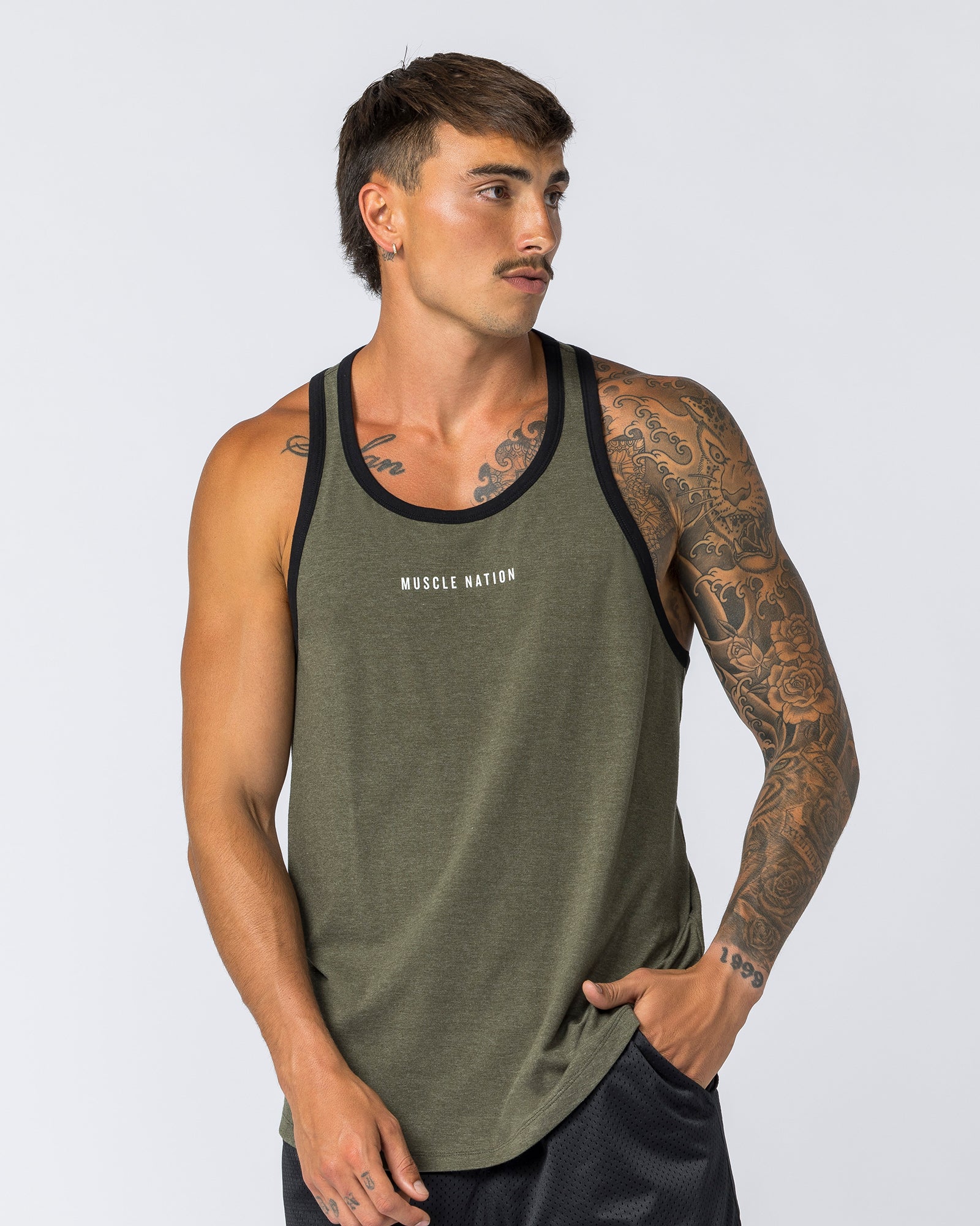 Striker Y Back Singlet - Dark Khaki Marl