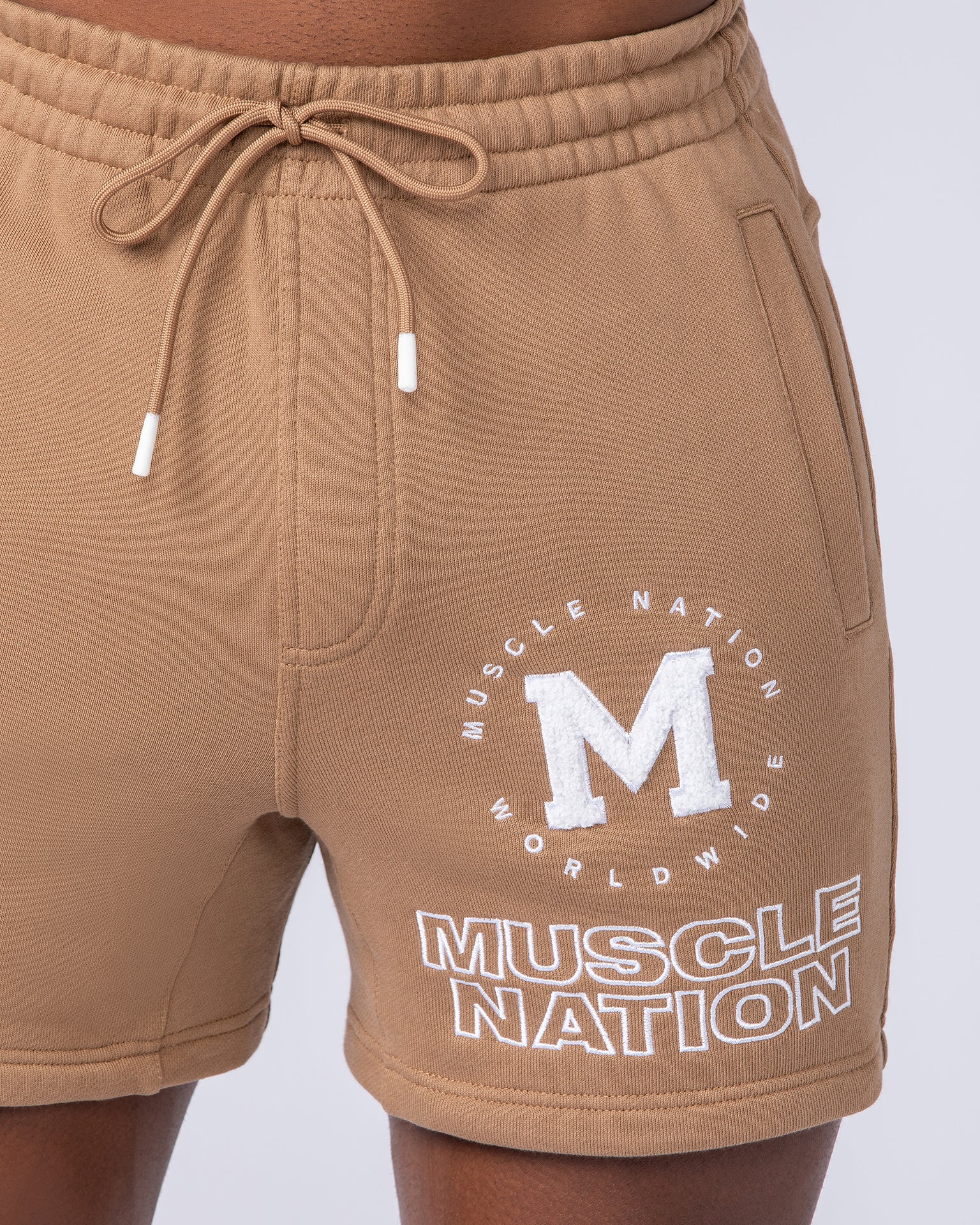 College Sweat 5" Shorts - Tan-Shorts-S-112433TAN-S-MNAPPRL35578-4-Muscle Nation
