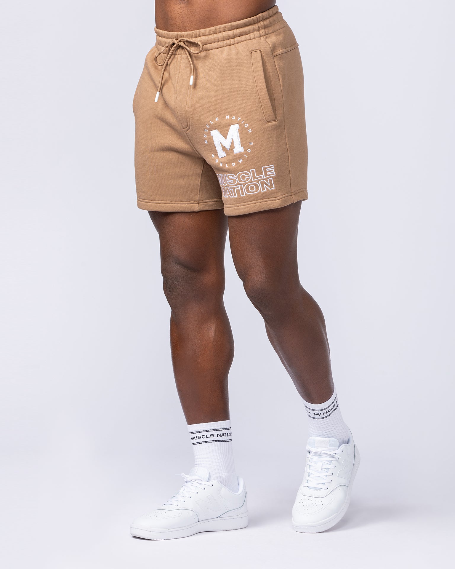 College Sweat 5" Shorts - Tan-Shorts-S-112433TAN-S-MNAPPRL35578-2-Muscle Nation
