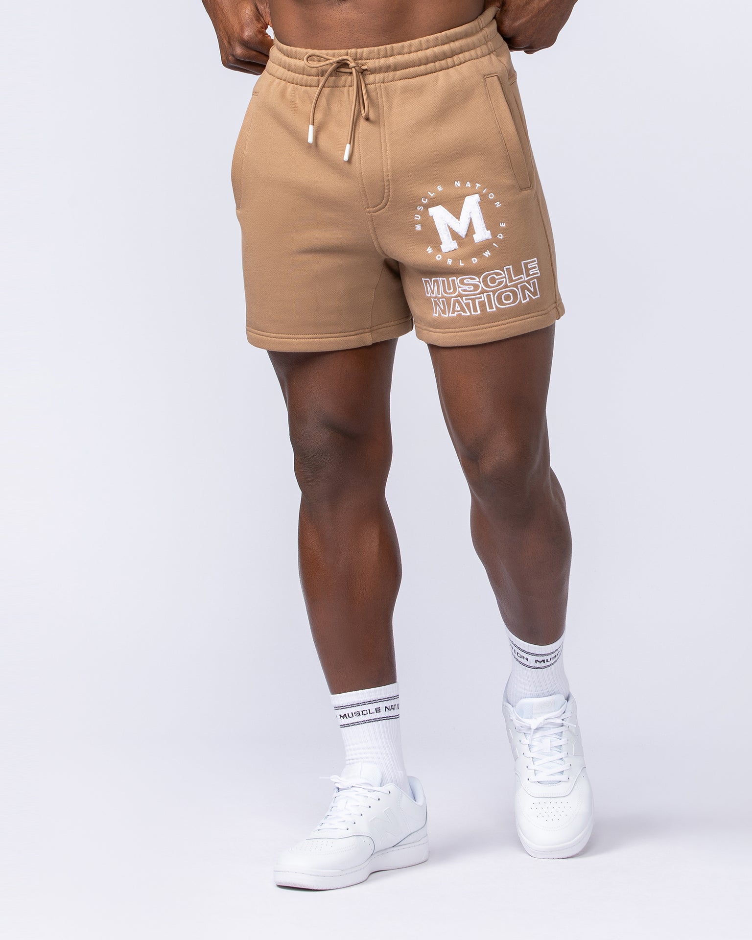 College Sweat 5" Shorts - Tan-Shorts-S-112433TAN-S-MNAPPRL35578-1-Muscle Nation