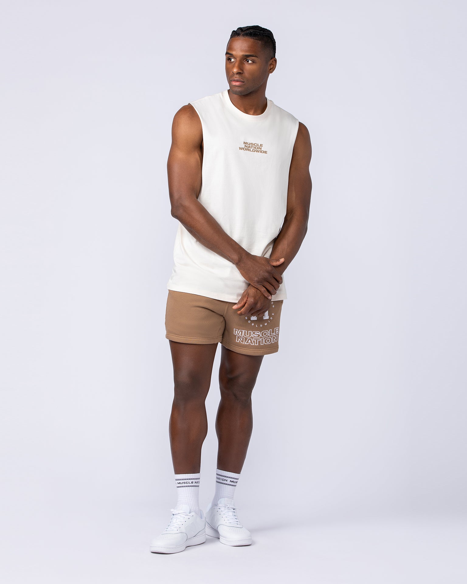 College Sweat 5" Shorts - Tan-Shorts-S-112433TAN-S-MNAPPRL35578-6-Muscle Nation