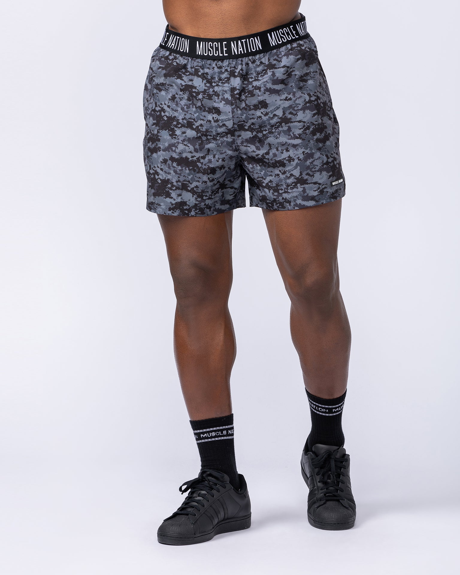 Level Up Training 4" Shorts - Grey/Black Distressed Print-Shorts-S-1124129GBDP-S-MNAPPRL35473-2-Muscle Nation