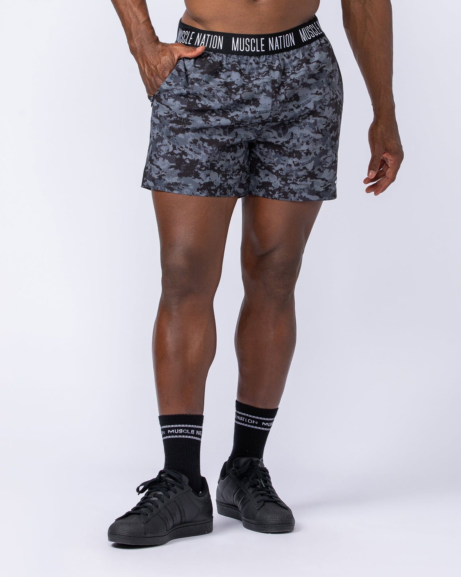 Level Up Training 4" Shorts Grey/Black Distressed Print - Muscle Nation men's gym shorts