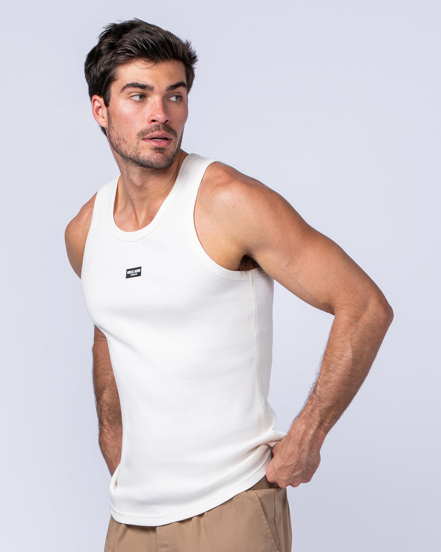 Rib Fitted Training Tank - Travertine (Silicon logo)-Singlets & Tanks-S-1124126TRAVSIL-S-MNAPPRL35024-2-Muscle Nation