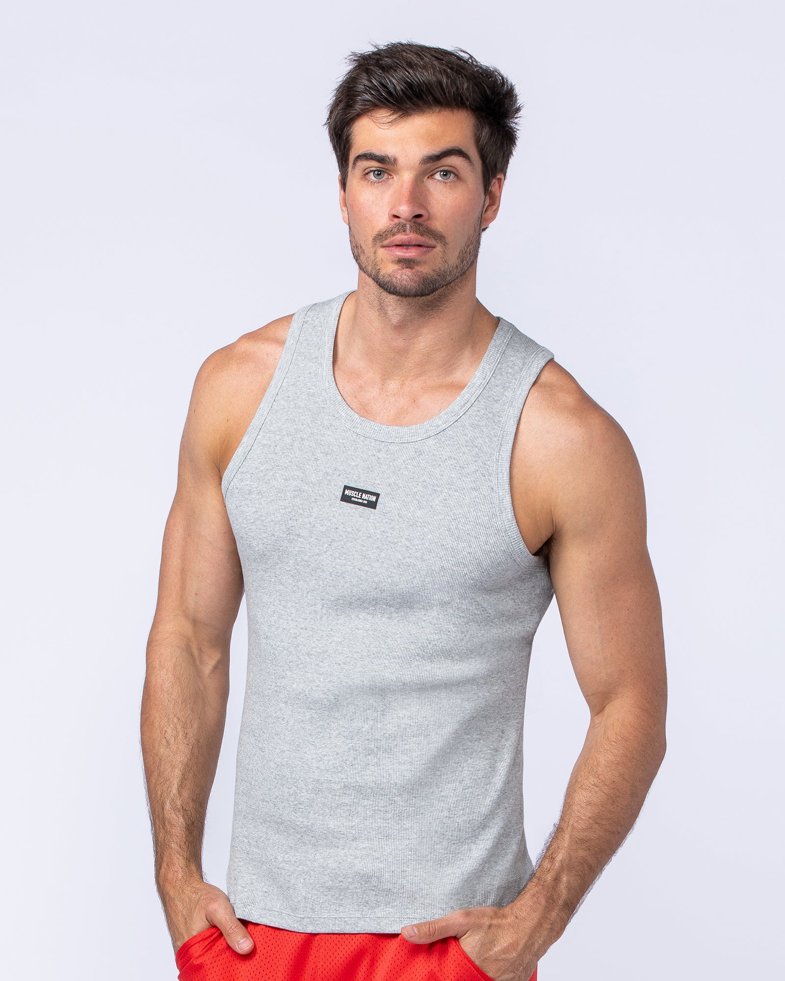 Rib Fitted Training Tank - Grey Marl