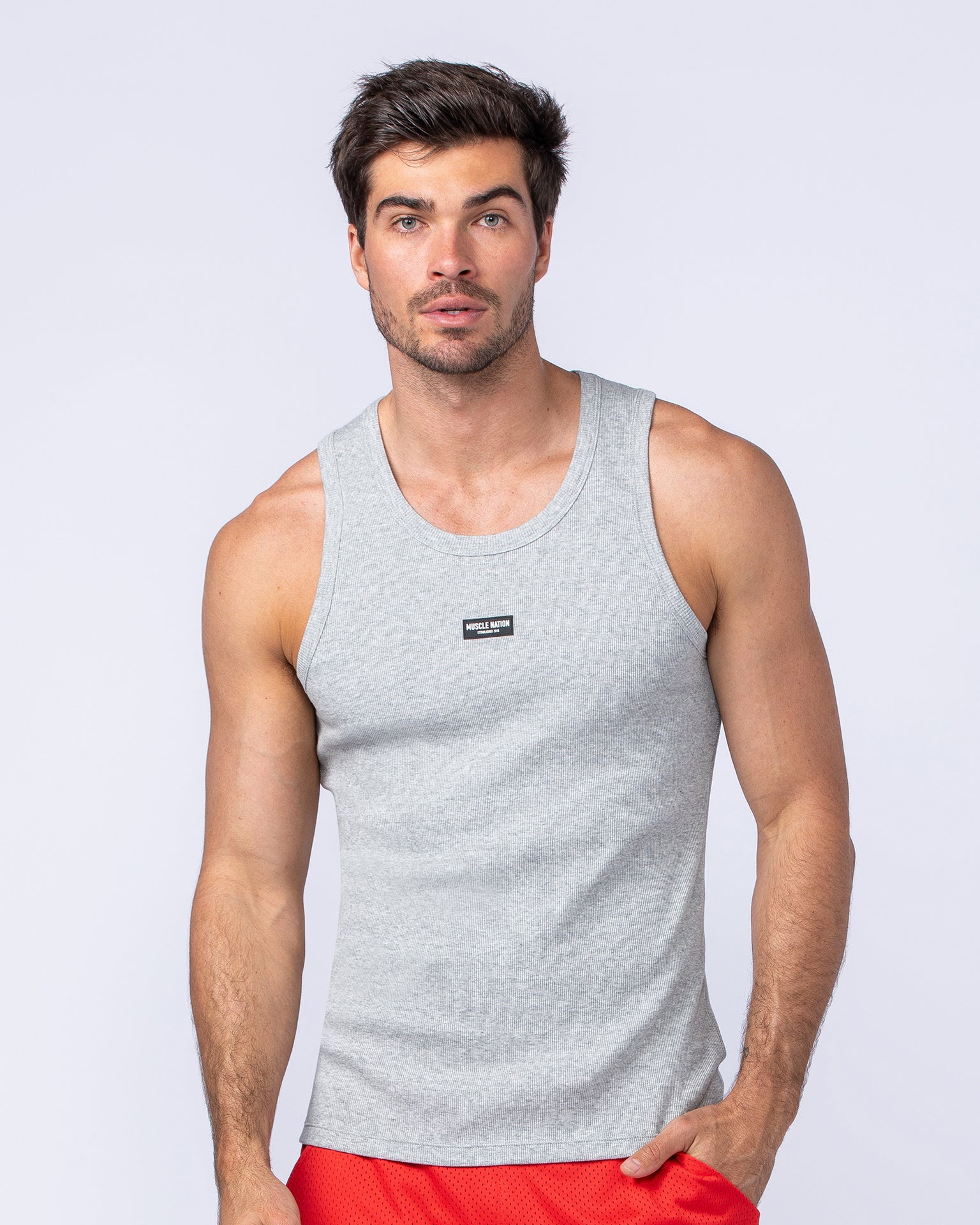 Rib Fitted Training Tank - Grey Marl-Singlets & Tanks-S-1124126GRYMRL-S-MNAPPRL35010-1-Muscle Nation