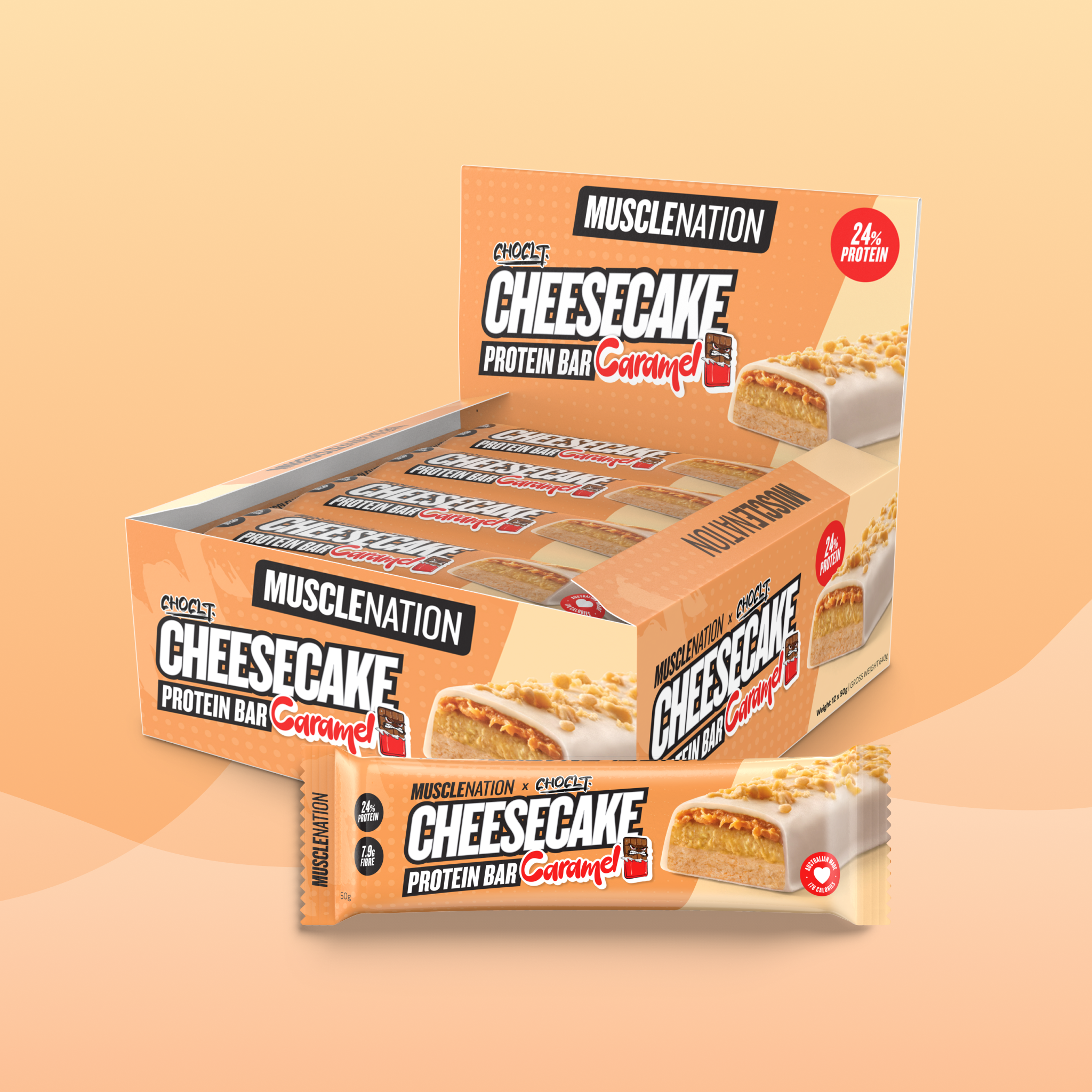 MN x CHOCLT CHEESECAKE Protein Bar - Caramel - Box of 12-Protein Bars-MNSUPPS0309-19359054001029-1-Muscle Nation