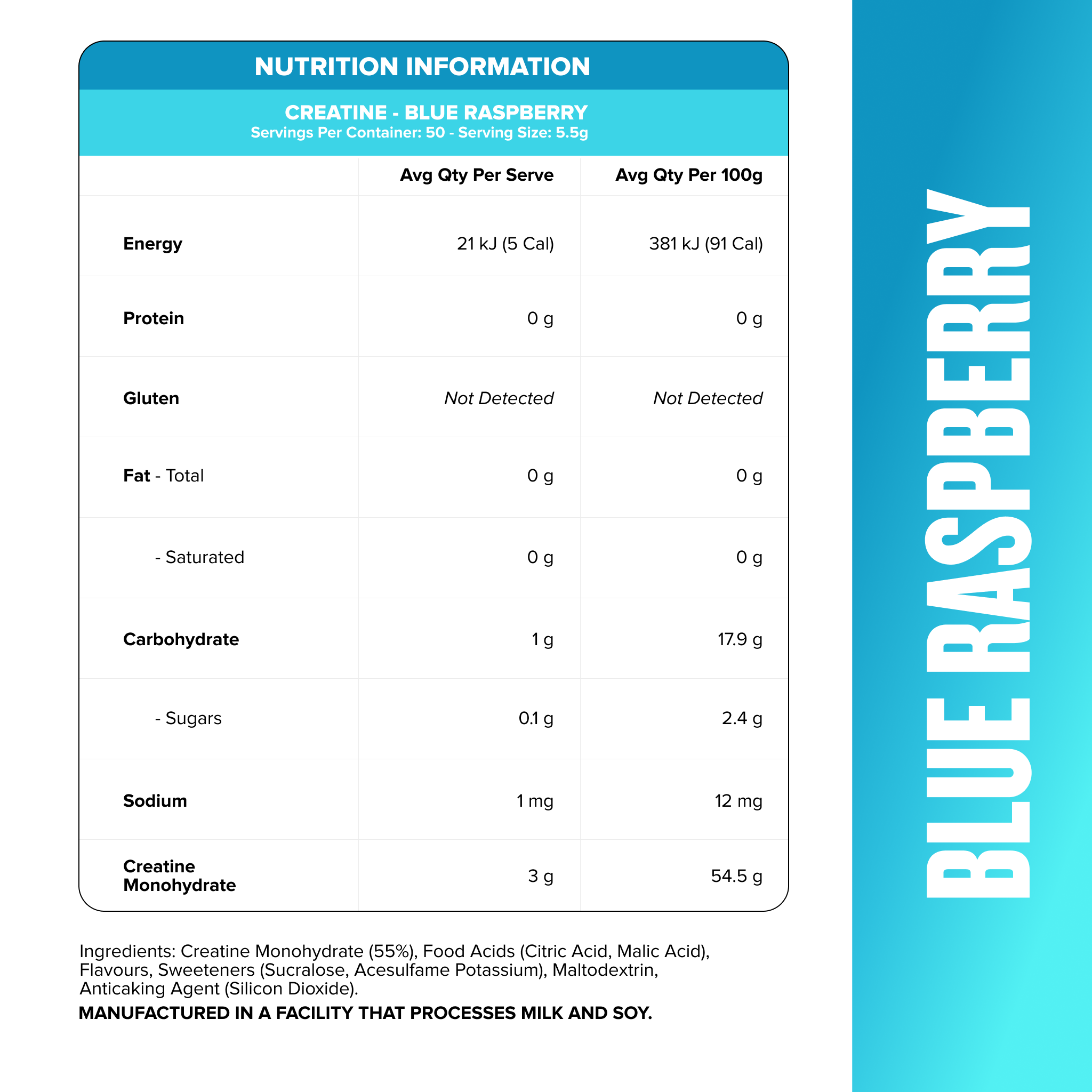 CREATINE MONOHYDRATE - Blue Raspberry - 50 serves-Creatine-MNSUPPS0421-9359054003033-2-Muscle Nation
