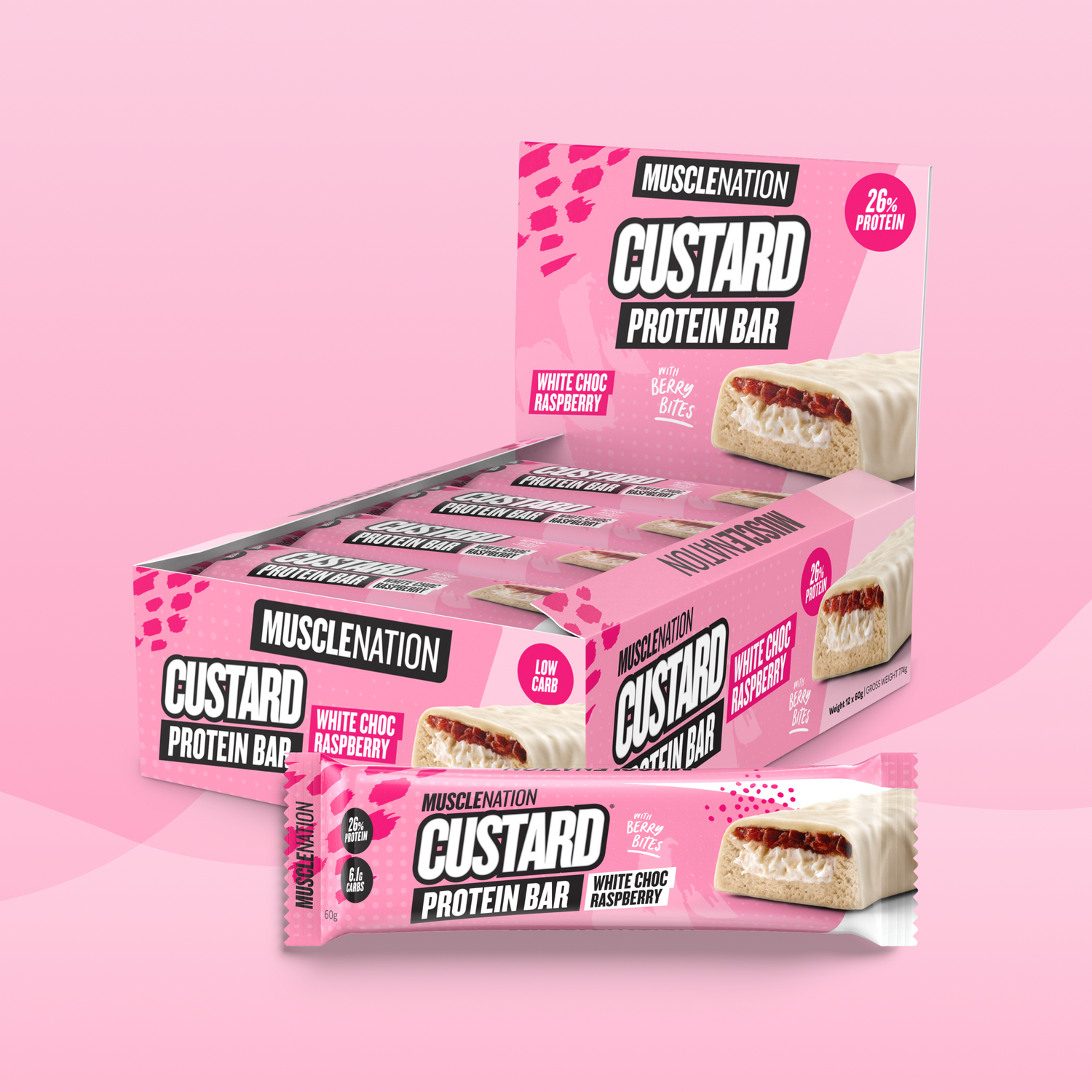 CUSTARD Protein Bar - White Choc Raspberry - Box of 12-Protein Bars-MNSUPPS0196-19359054000022-1-Muscle Nation