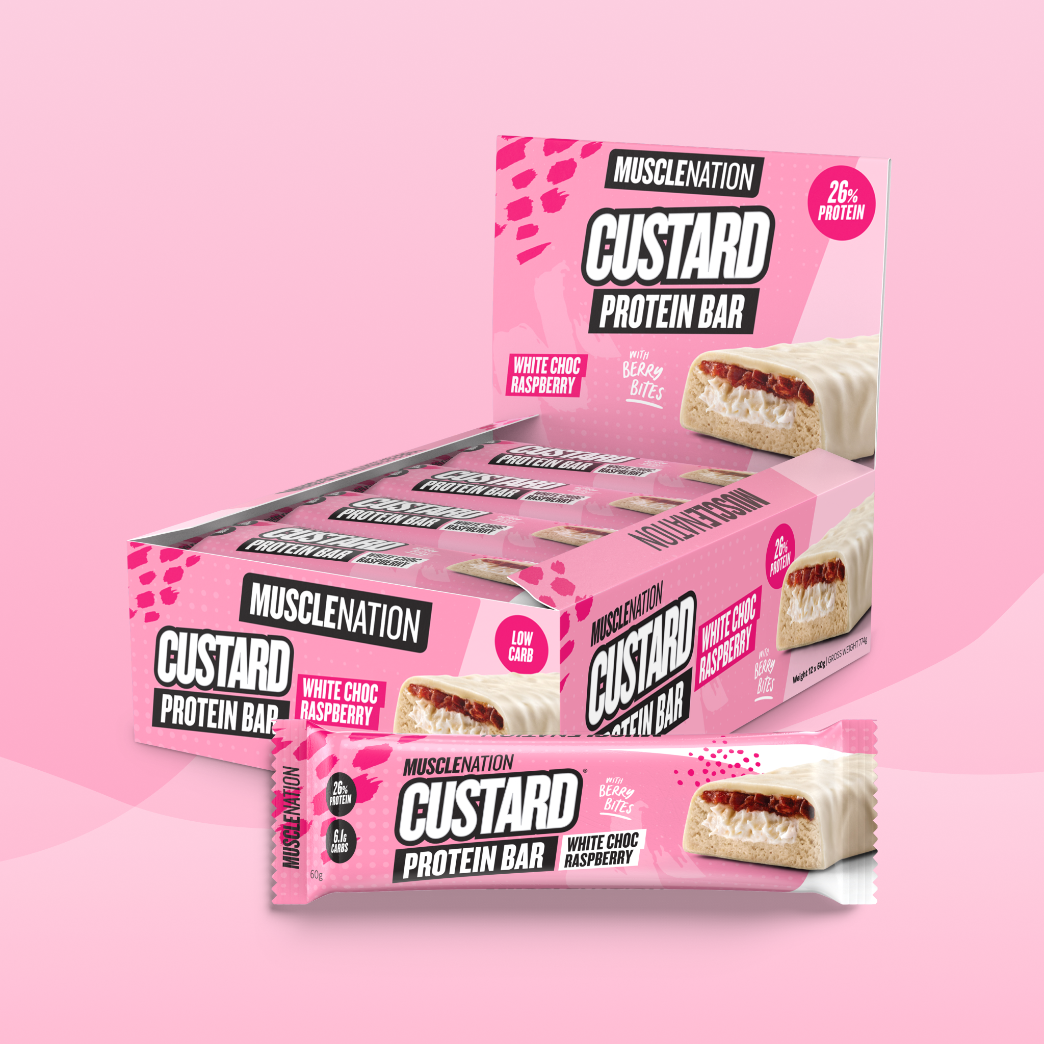 CUSTARD Protein Bar - White Choc Raspberry - Box of 12-Protein Bars-MNSUPPS0196-19359054000022-1-Muscle Nation