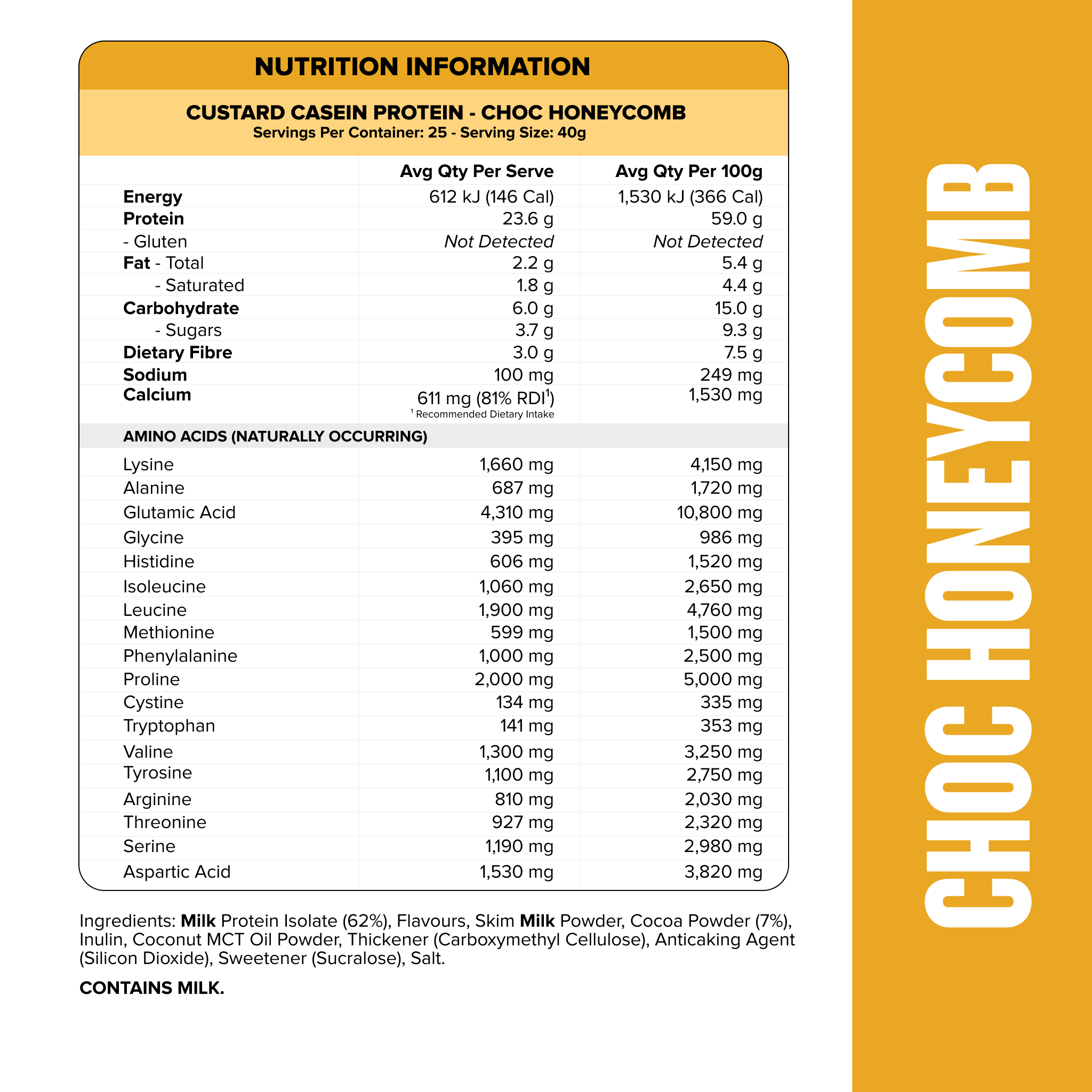 CUSTARD Casein Protein - Choc Honeycomb - 25 serves-Custard Casein Powder-MNSUPPS0384-9359054002739-2-Muscle Nation