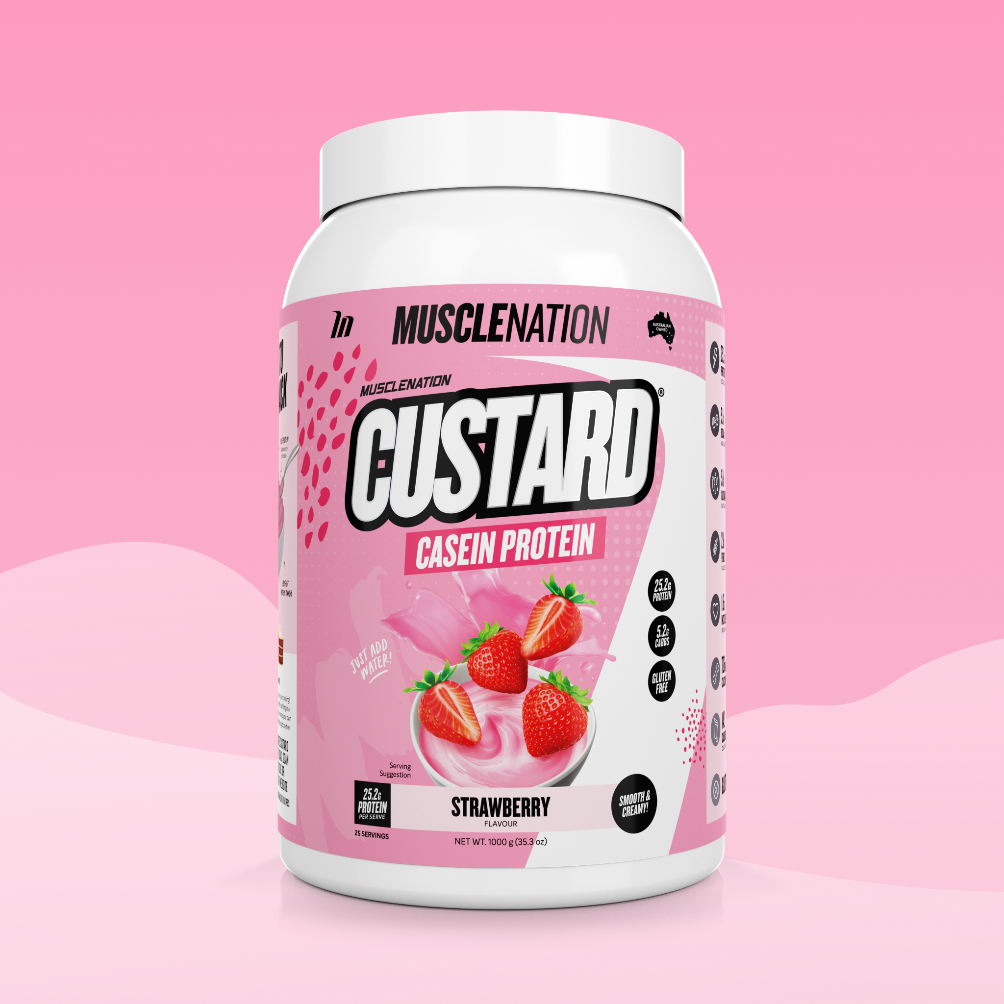 CUSTARD Casein Protein - Strawberry - 25 serves-Custard Casein Powder-MNSUPPS0322-9359054001428-1-Muscle Nation