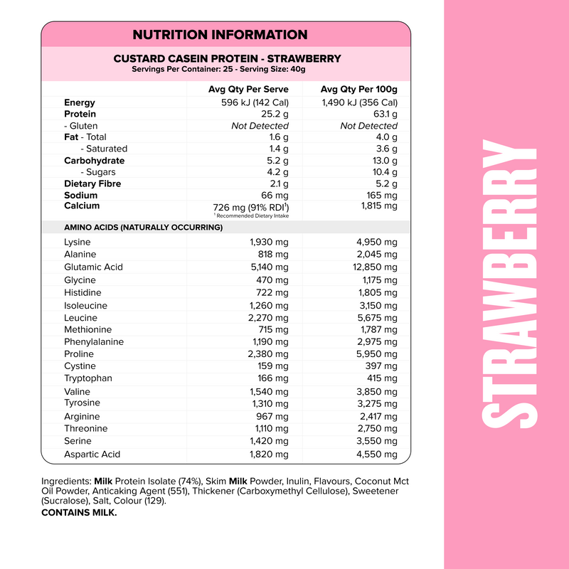 CUSTARD Casein Protein - Strawberry - 25 serves-Custard Casein Powder-MNSUPPS0322-9359054001428-2-Muscle Nation