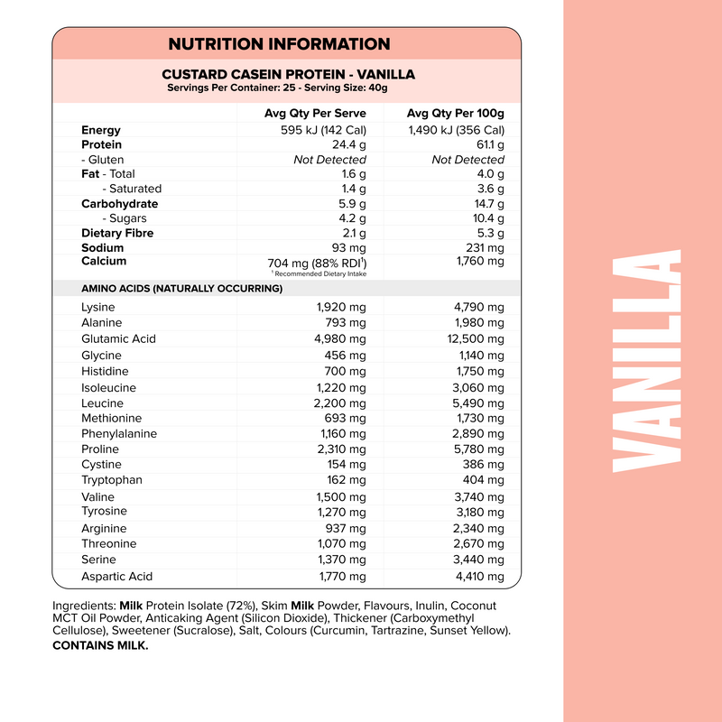 CUSTARD Casein Protein - Vanilla - 25 serves-Custard Casein Powder-MNSUPPS0018-9359054001381-2-Muscle Nation