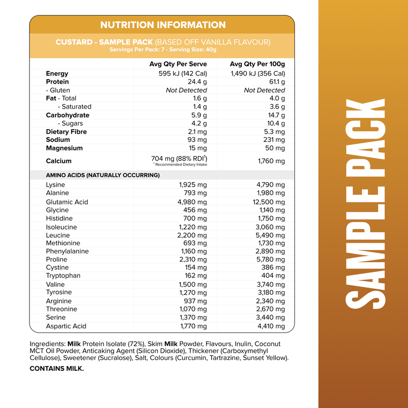 CUSTARD Casein Protein - Sample Pack - 7 Flavours-Custard Casein Powder-MNSUPPS0342-9359054001626-2-Muscle Nation