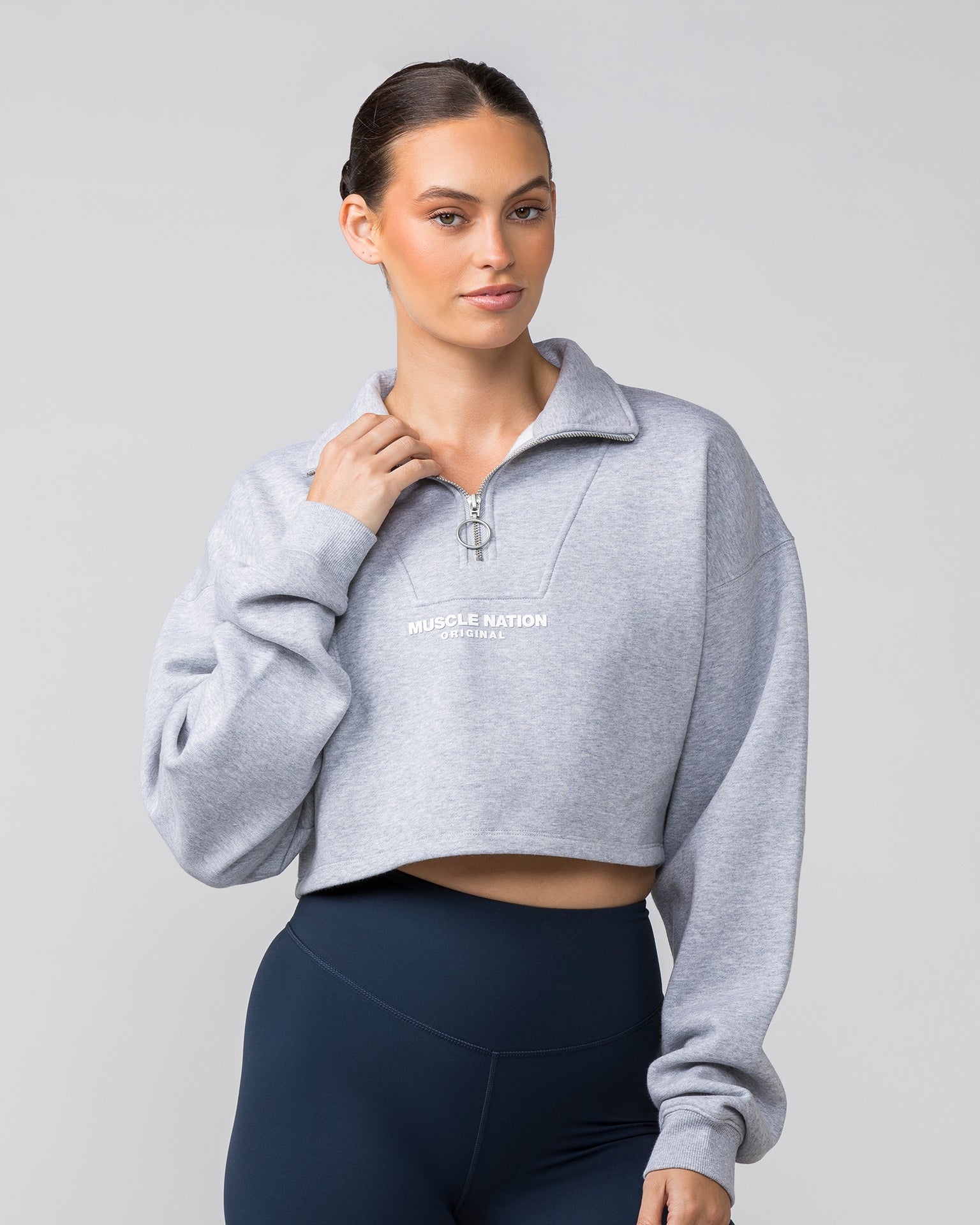 Cropped Quarter Zip - Light Grey Marl-Jumpers & Hoodies-XXS-042413LTGRYMRL-XXS-MNAPPRL30516-1-Muscle Nation