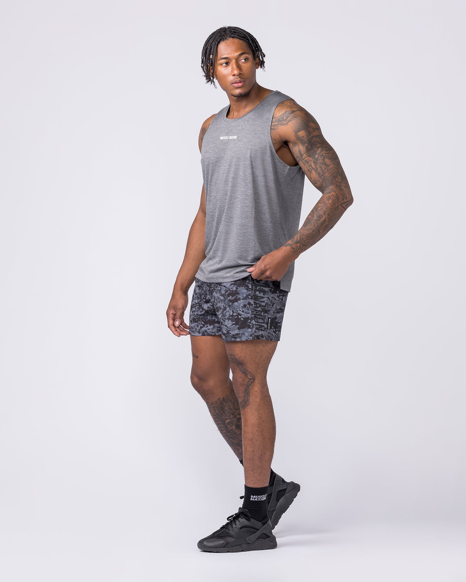 Function 4" Shorts - Grey/ Black Distressed Print-Shorts-S-062410GBDP-S-MNAPPRL31807-6-Muscle Nation