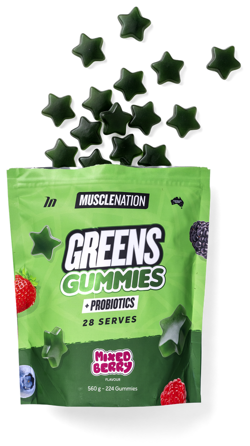 Greens Gummies pouch with star gummies