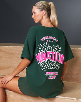 Campus Oversized Tee - Forest Green / Luminous Pink