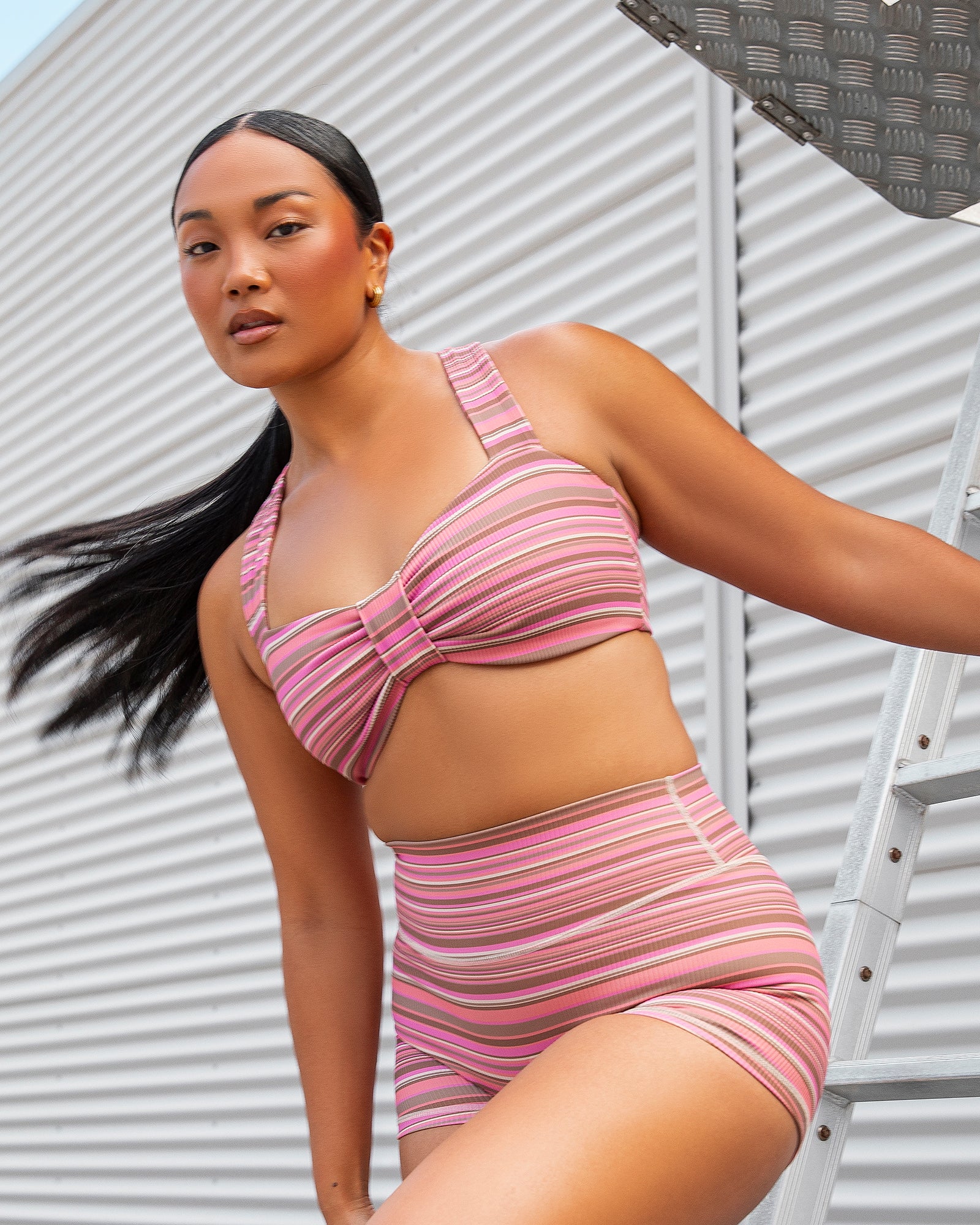 Lush Rib Bralette - Sunset Coral Stripe Print