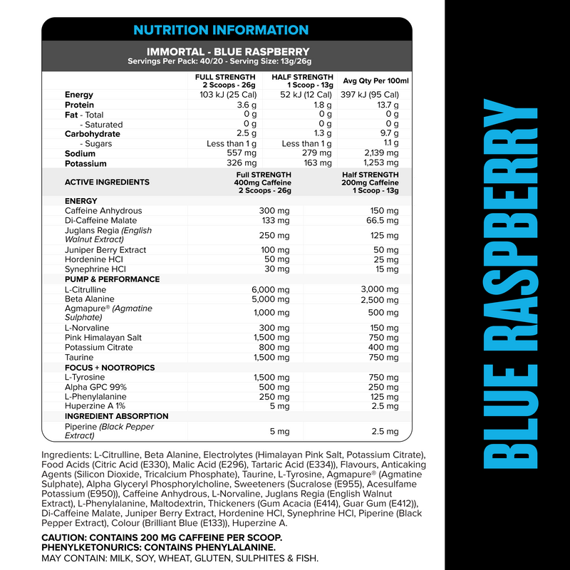 IMMORTAL Pre-Workout - Blue Raspberry - 40 serves