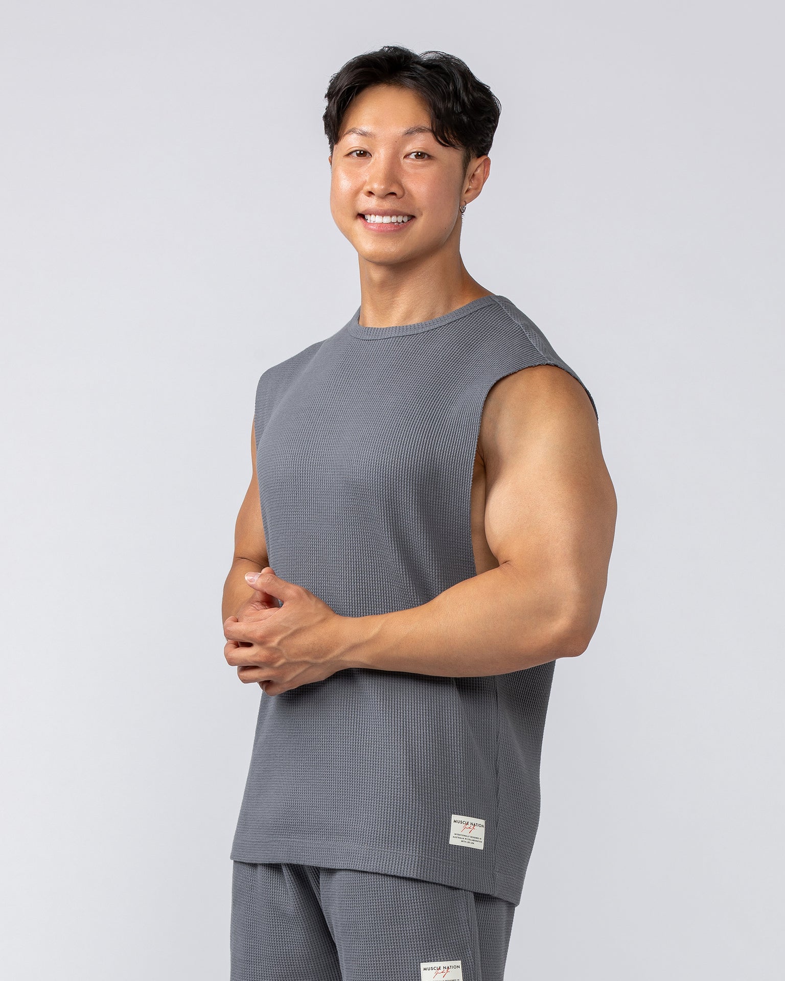 Lee Lem Short Boxy Waffle Muscle Tank - Platinum Grey-Singlets & Tanks-XS-022548PLGREY-XS-MNAPPRL42806-3-Muscle Nation