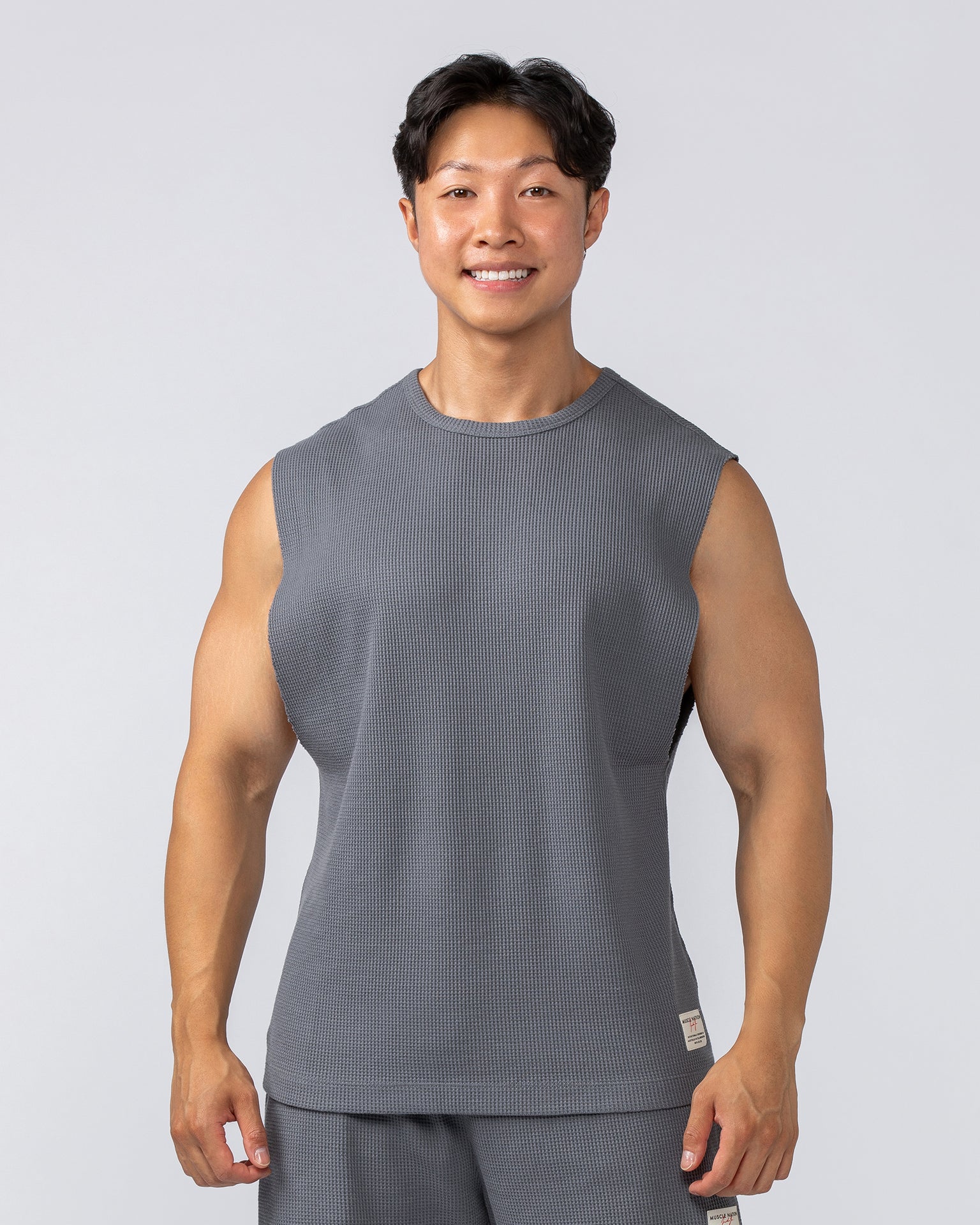 Lee Lem Short Boxy Waffle Muscle Tank - Platinum Grey-Singlets & Tanks-XS-022548PLGREY-XS-MNAPPRL42806-2-Muscle Nation