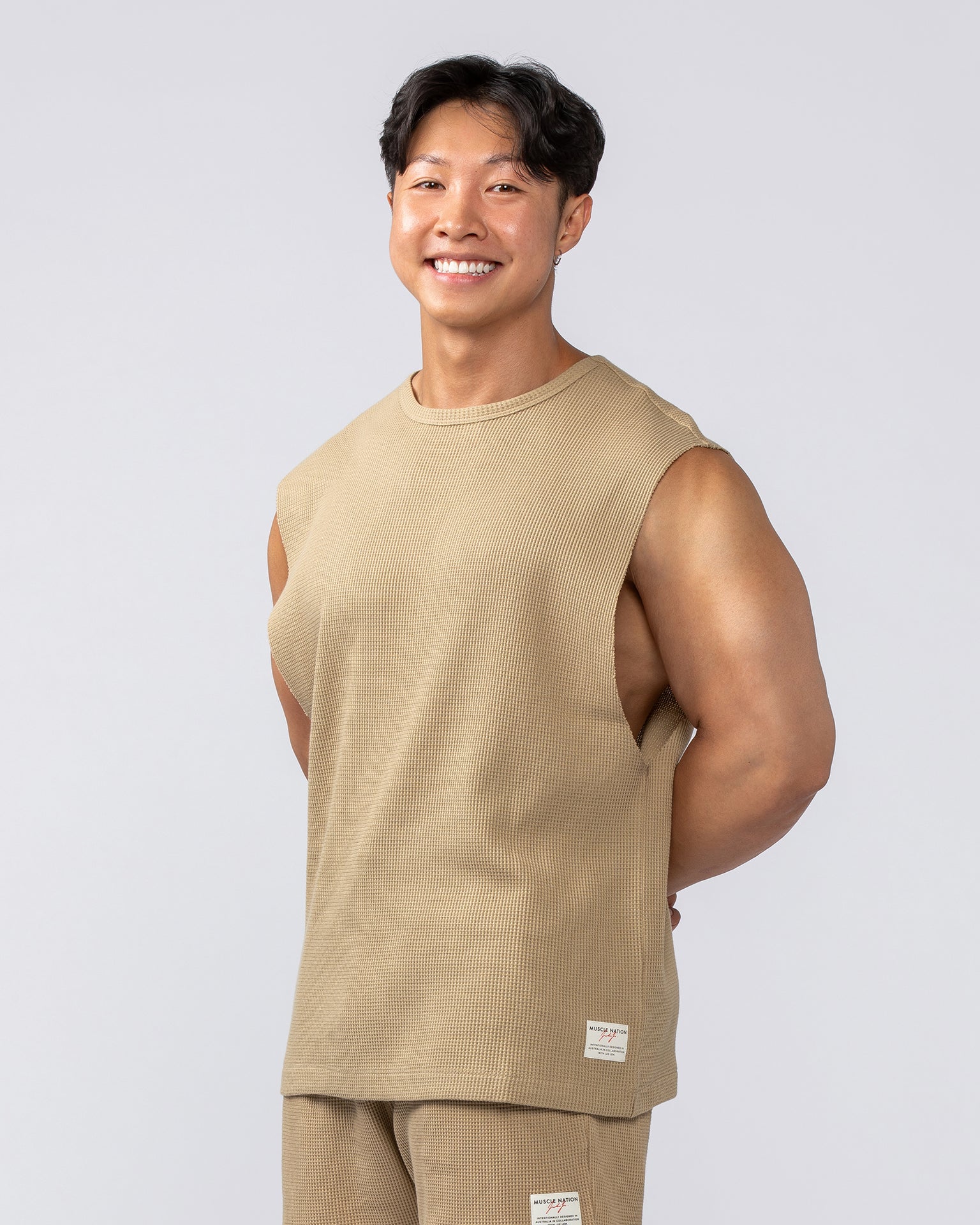 Lee Lem Short Boxy Waffle Muscle Tank - Butterscotch-Singlets & Tanks-XS-022548BTTRSTCH-XS-MNAPPRL42807-3-Muscle Nation