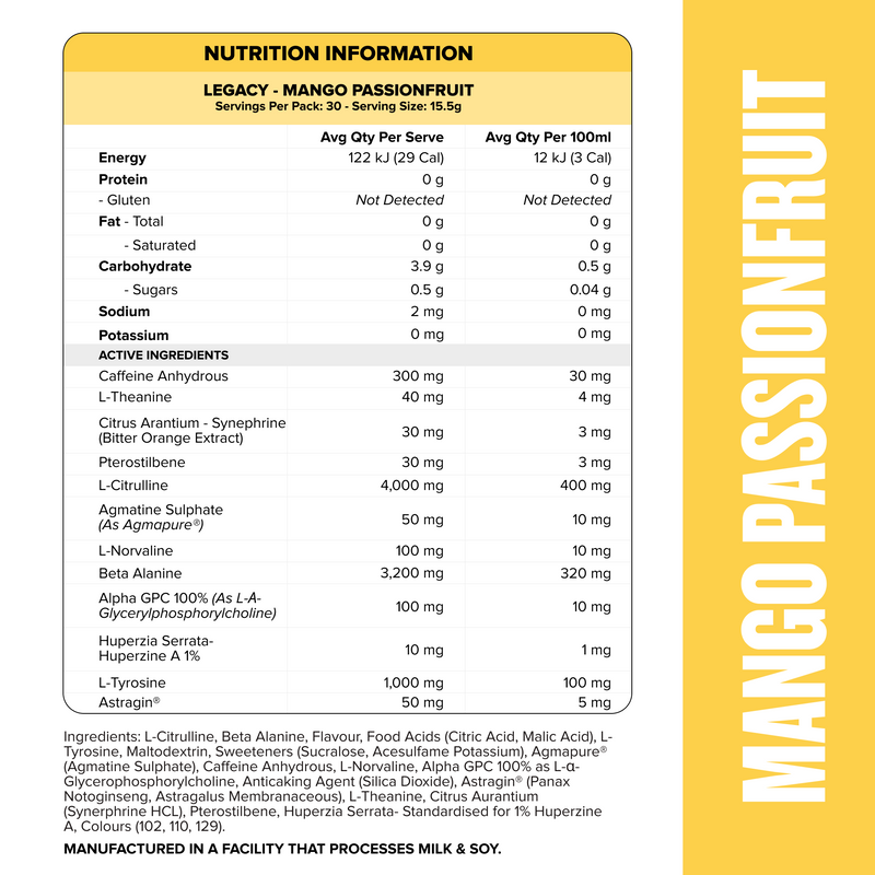 LEGACY Pre-Workout Energy - Mango Passionfruit - 30 serves-Pre-Workouts-MNSUPPS0243-764460254525-2-Muscle Nation