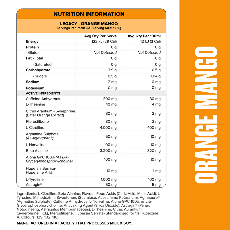 LEGACY Pre-Workout Energy - Orange Mango - 30 serves-Pre-Workouts-MNSUPPS0335-745114578150-2-Muscle Nation