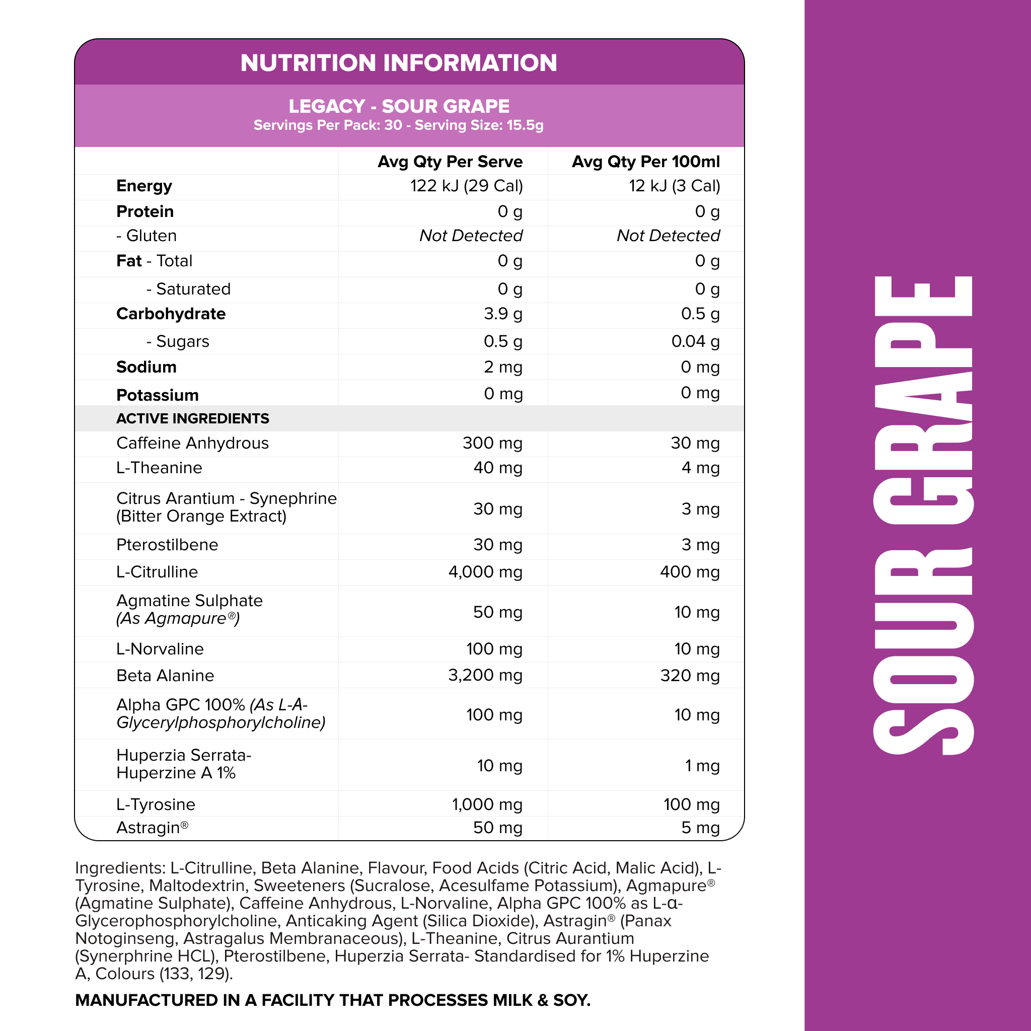 LEGACY Pre-Workout Energy - Sour Grape - 30 serves-Pre-Workouts-MNSUPPS0203-764460254280-2-Muscle Nation