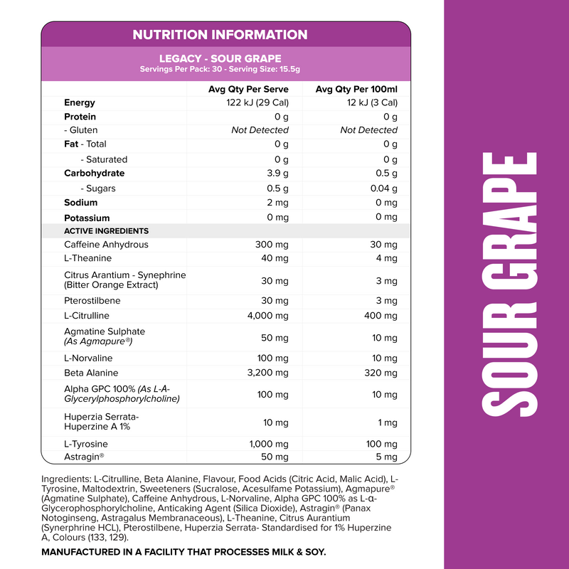 LEGACY Pre-Workout Energy - Sour Grape - 30 serves-Pre-Workouts-MNSUPPS0203-764460254280-2-Muscle Nation