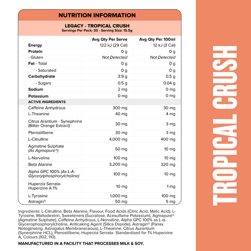 LEGACY Pre-Workout Energy - Tropical Crush - 30 serves-Pre-Workouts-MNSUPPS0250-764460254532-2-Muscle Nation