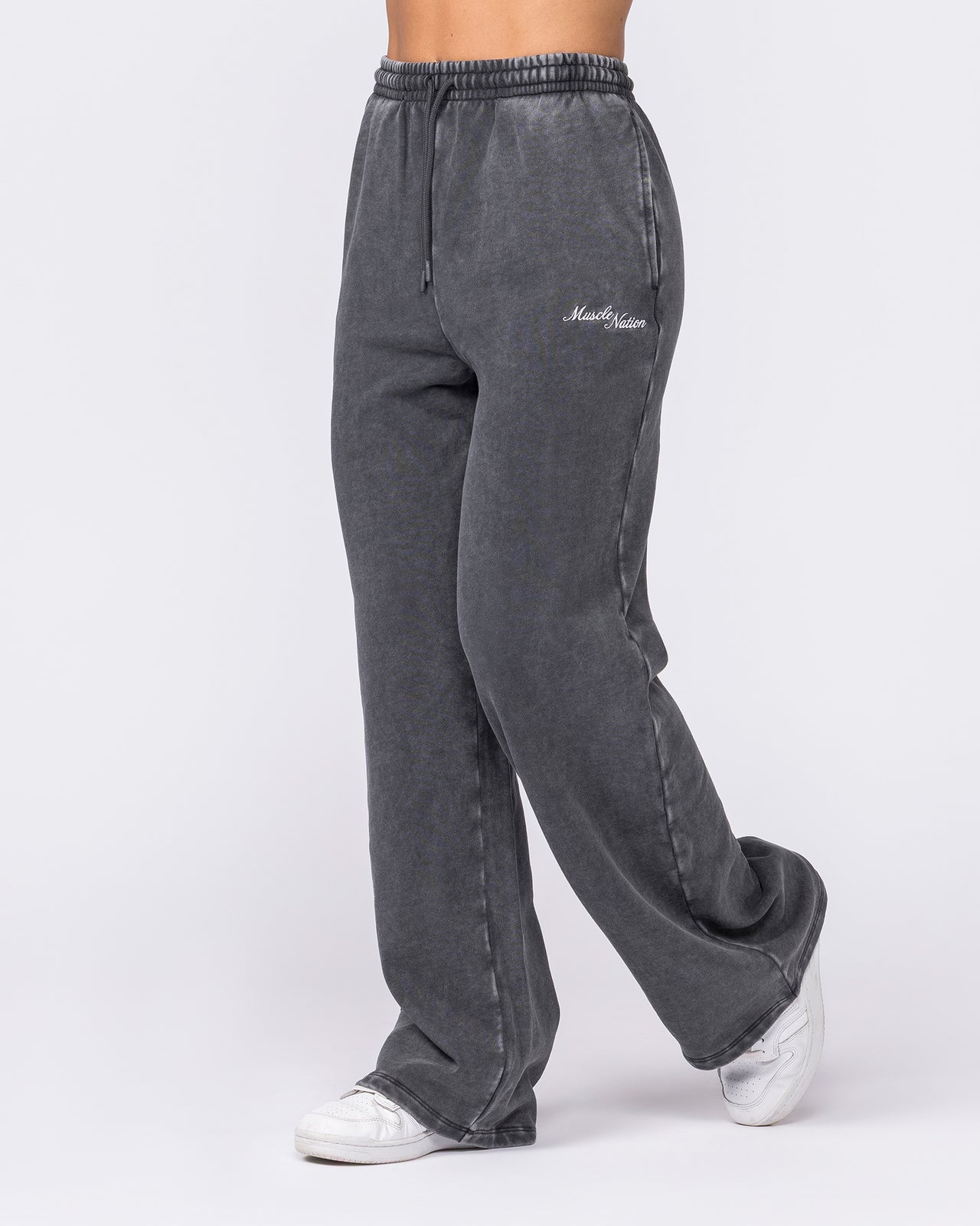 Loopback Straight Leg Vintage Trackies Washed Black - Muscle Nation women's trackpants, view 4