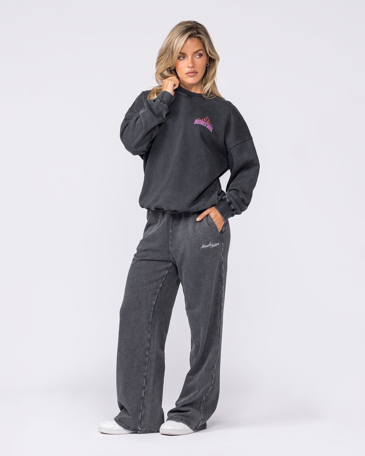 Loopback Straight Leg Vintage Trackies Washed Black - Muscle Nation women's trackpants, view 7