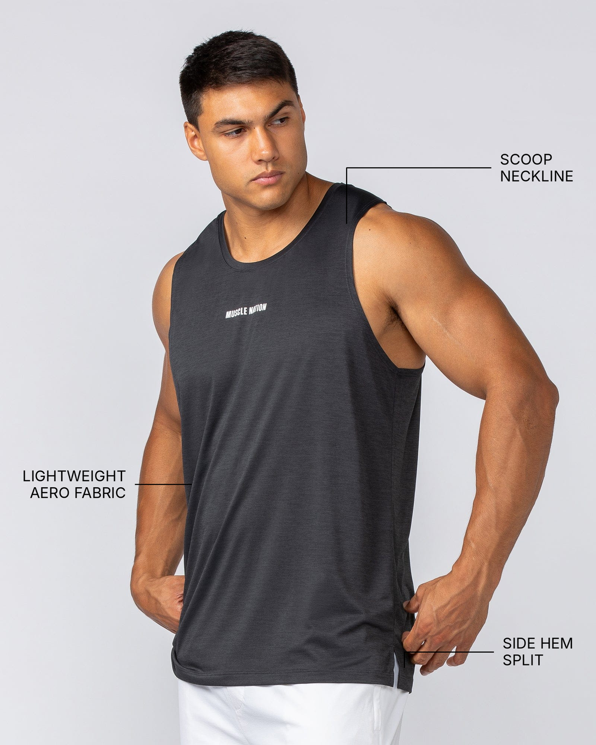 Aero Active Tank - Black - Muscle Nation feature callouts: scoop neckline, lightweight Aero fabric, side hem split