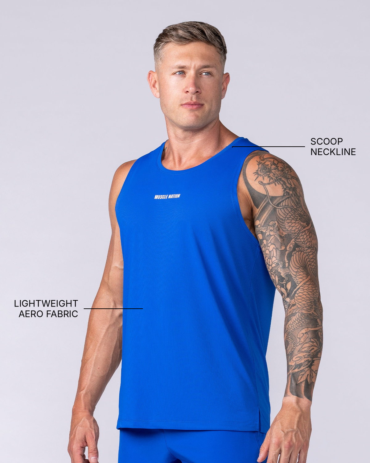 Aero Active Tank - Bondi Blue - Muscle Nation feature callouts: scoop neckline, lightweight Aero fabric