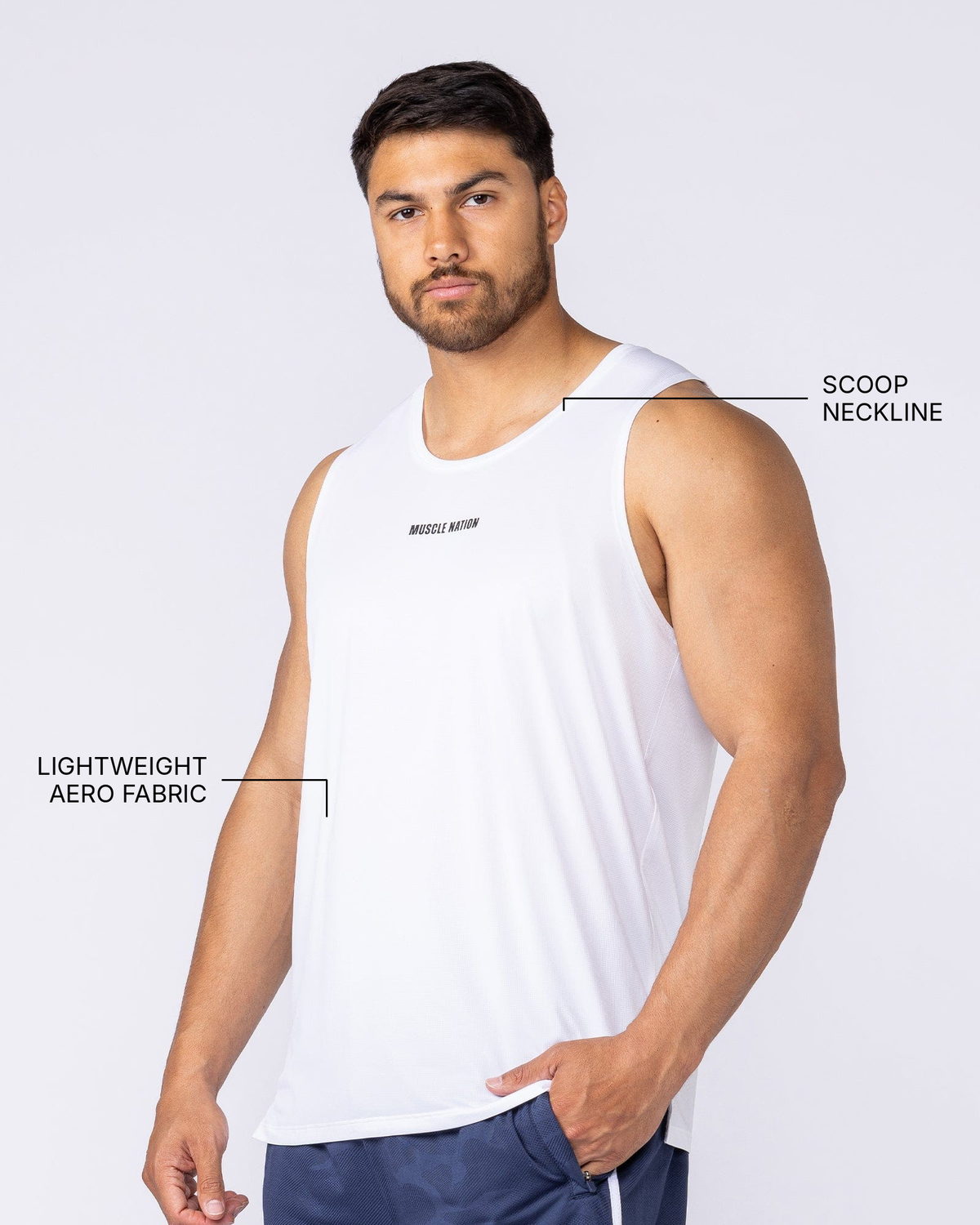 Aero Active Tank - White - Muscle Nation feature callouts: scoop neckline, lightweight Aero fabric