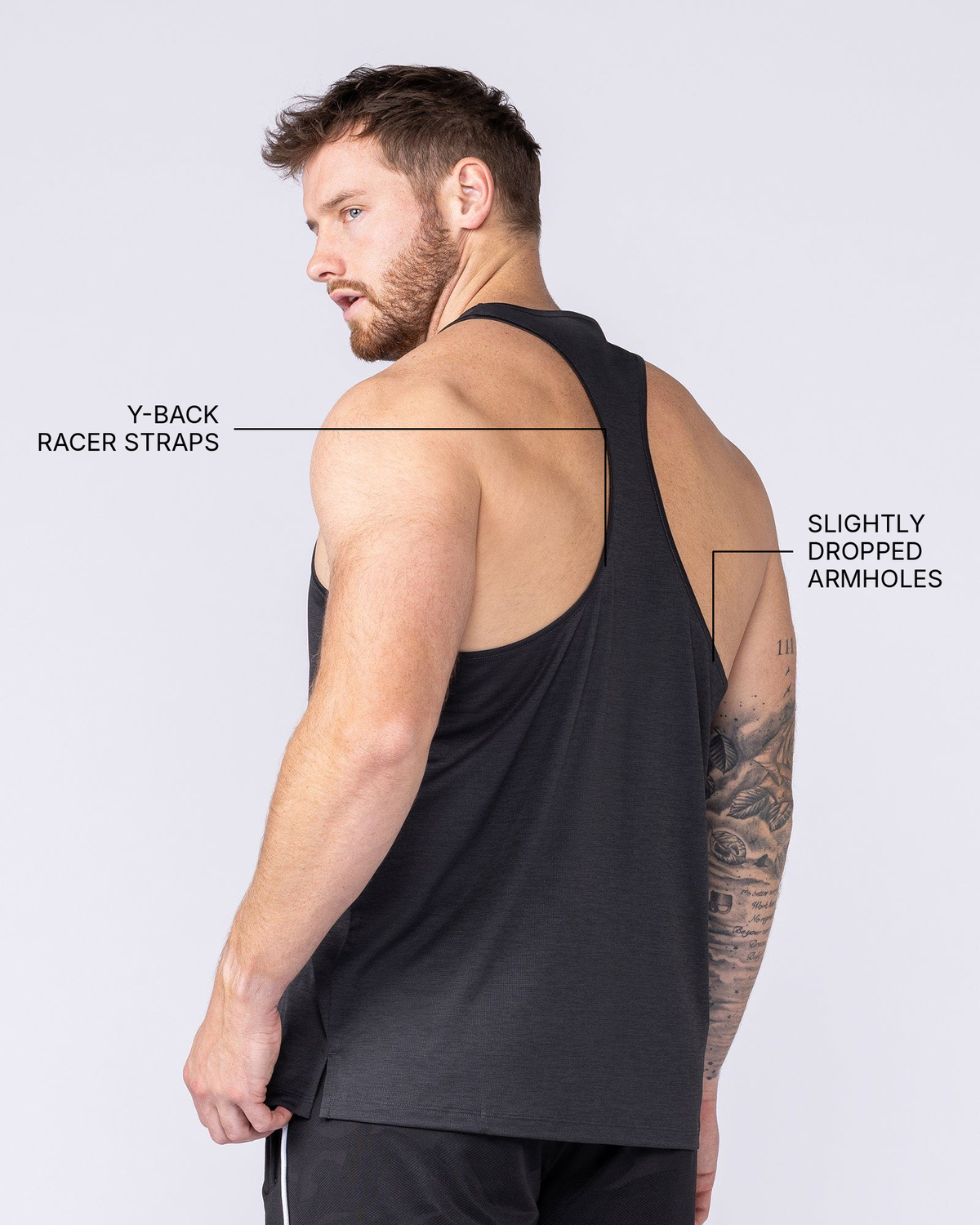 Aero Y Back Singlet - Black - Muscle Nation feature callouts: Y-back racer straps, slightly dropped armholes