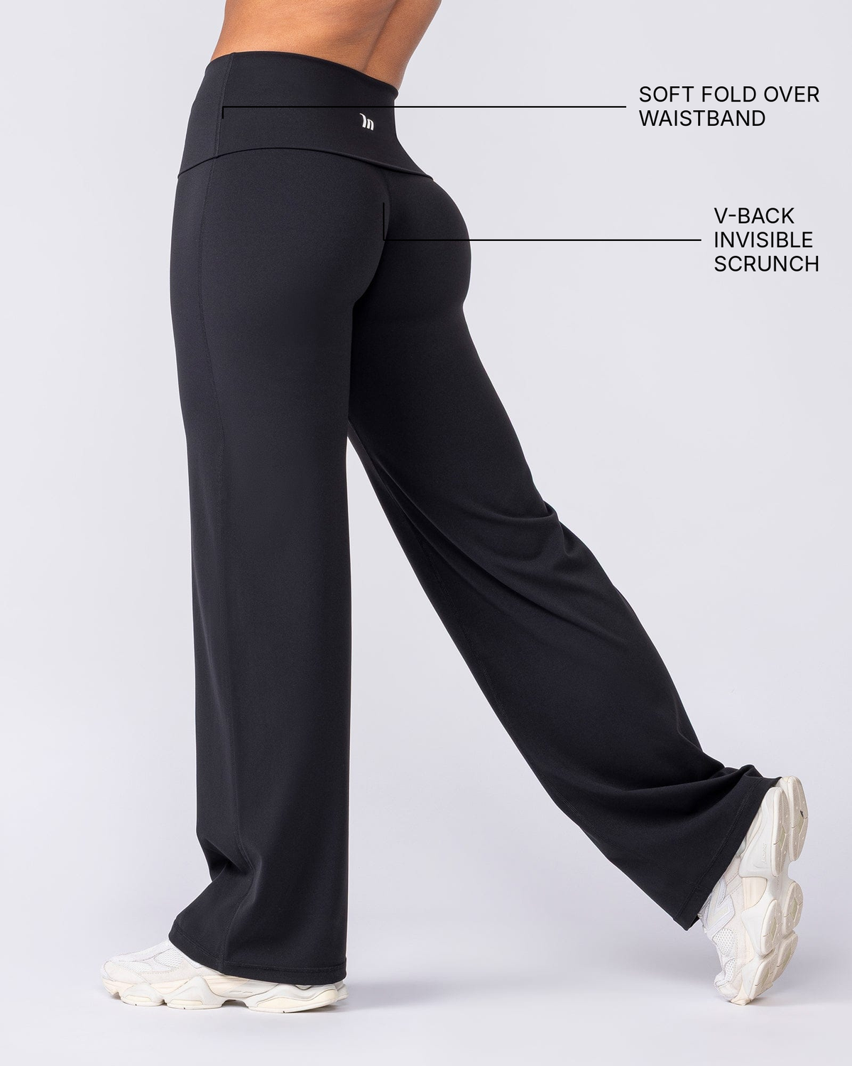Aura Fold Over Straight Leg Leggings Regular - Black - Muscle Nation feature callouts: soft fold over waistband, V-back invisible scrunch
