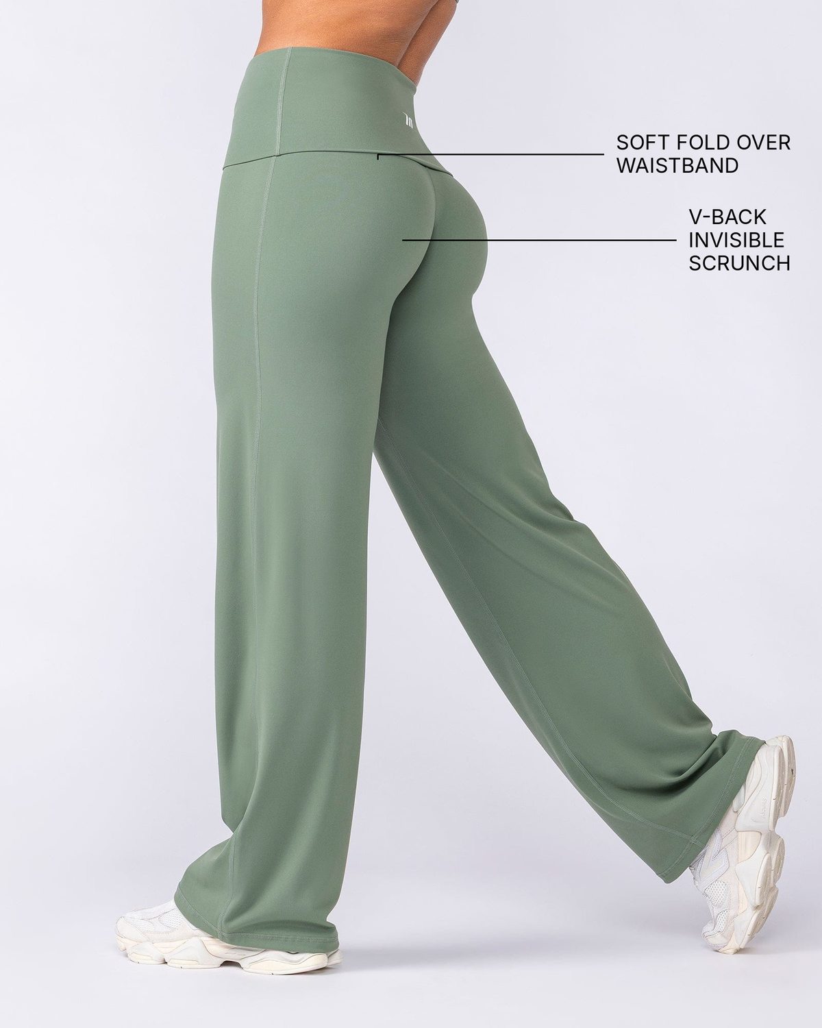 Aura Fold Over Straight Leg Leggings Regular - Muted Khaki - Muscle Nation feature callouts: soft fold over waistband, V-back invisible scrunch